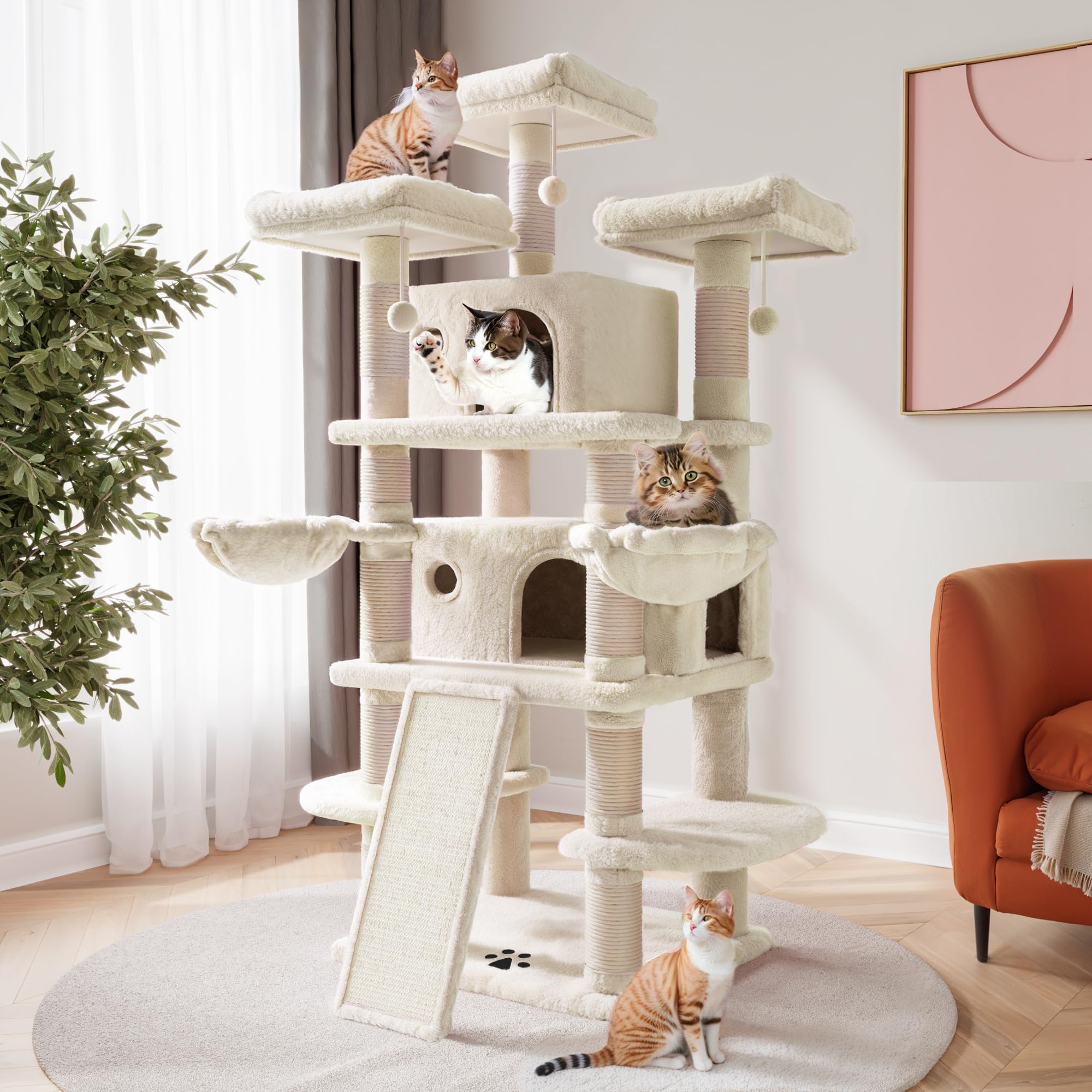 68-Inch Multi-Level Large Cat Tree for Big Cats - Sturdy Cat Tower with Condo, Plush Perches, Sisal Scratching Posts & Hammocks - Indoor Activity Center for Kitties (Beige) - Perfect for Play, Climbing & Relaxing in Living Rooms & Pet-Friendly Homes