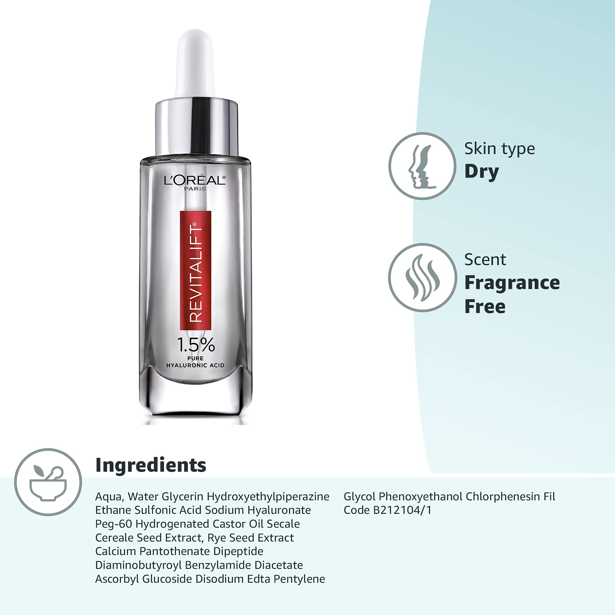 L'Oreal Paris Revitalift Derm Intensives 1.5% Pure Hyaluronic Acid Serum with Vitamin C - Anti-Aging Face Serum for Hydration, Moisturizing & Wrinkle Reduction, 1.7 Oz - Perfect for Daily Skincare Routine & Nighttime Skin Repair