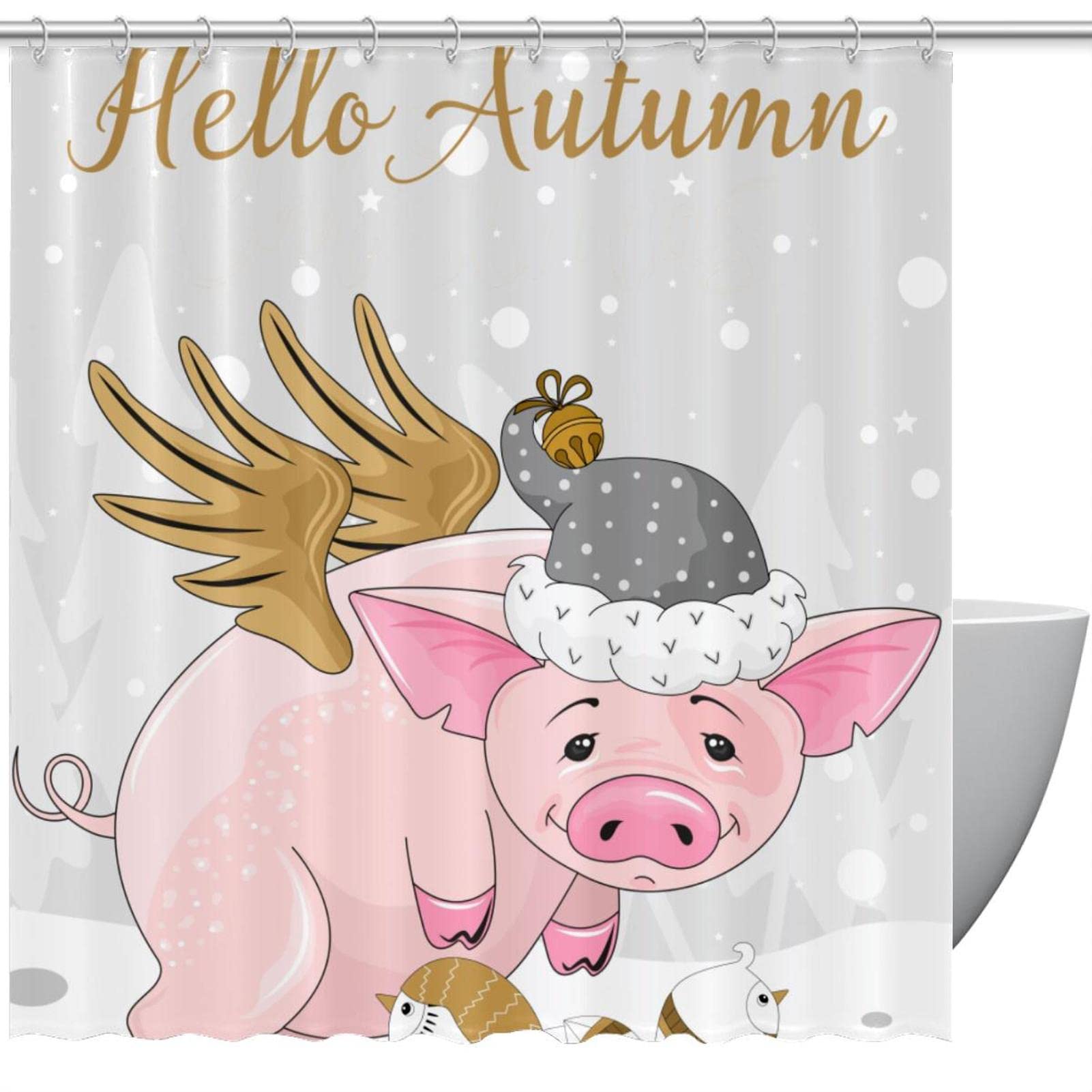 Farmhouse Fabric Shower Curtain with Hello Autumn Cartoon Animal Pig & Bird Design - Waterproof Bathroom Decor for Rustic, Vintage or Country Style Homes (Perfect for Fall Season Bathroom Makeovers)
