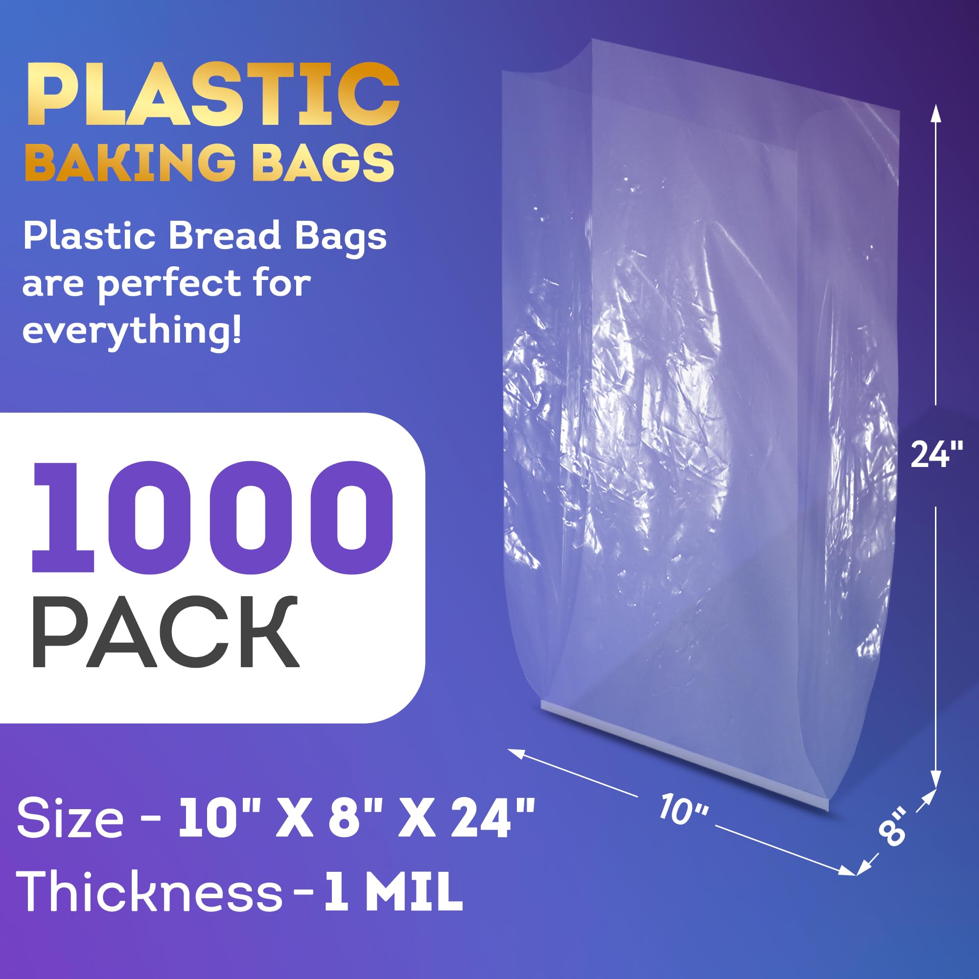 APQ 10x8x24 Inch Clear Plastic Bread Bags - 1000 Pack of 1 Mil Polyethylene Gushioned Bread Storage Bags with Open Top | Water-Resistant, BPA-Free | Perfect for Homemade Bread, Bakery Goods & Food Storage