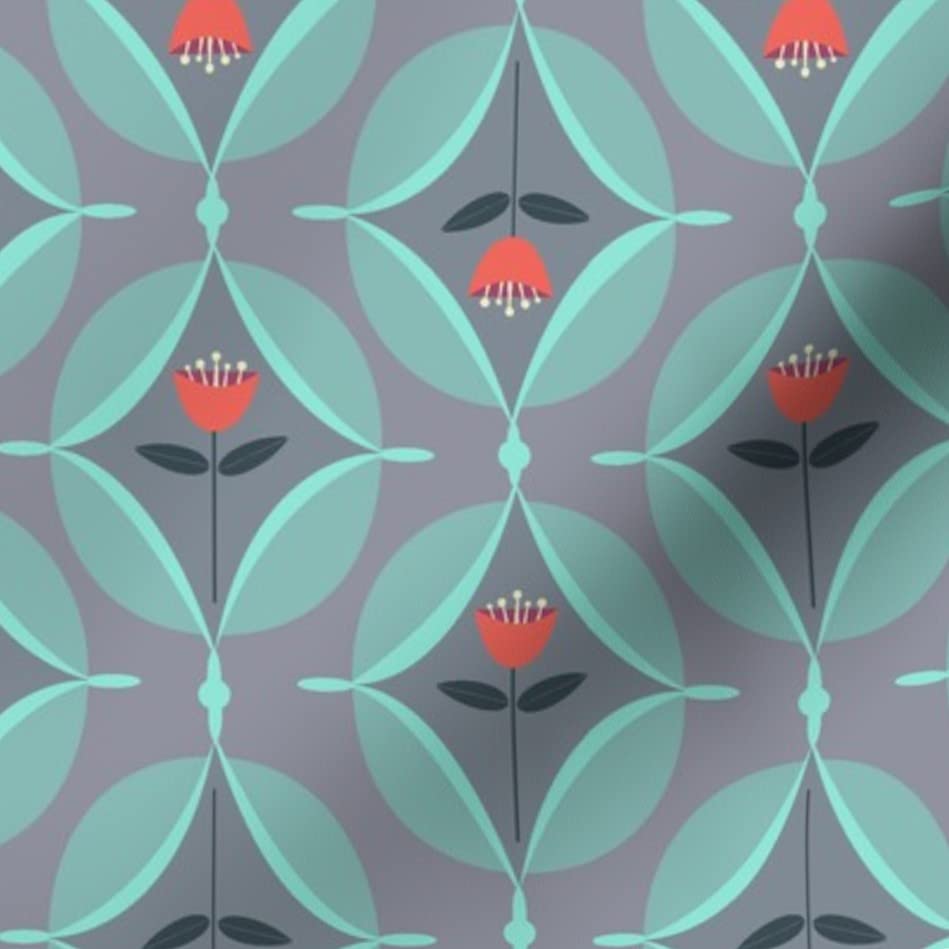 Mod Gray Red Spring Floral Coral Flowers Aqua Blue Tulips Retro Print Chiffon Fabric by The Yard - Premium Sewing Material for Fashion Apparel, Dresses & Home Decor | Perfect for DIY Projects, Curtains, Quilting and Upholstery