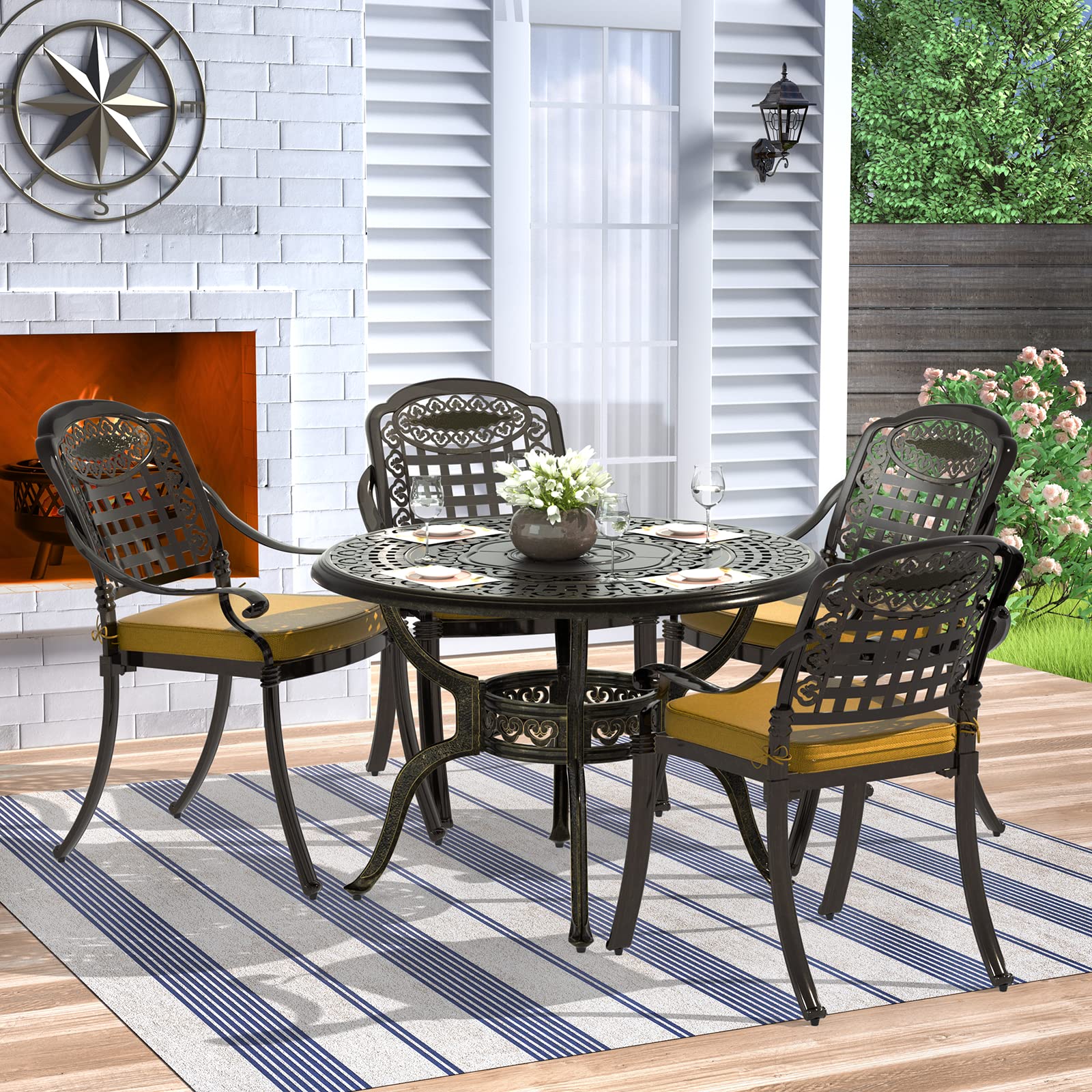 MEETWARM 5-Piece Outdoor Dining Set - All-Weather Cast Aluminum Patio Furniture with 4 Chairs, Cushions & Round Table (Umbrella Hole Included) - Perfect for Backyard, Garden, Deck, Poolside & Outdoor Entertaining