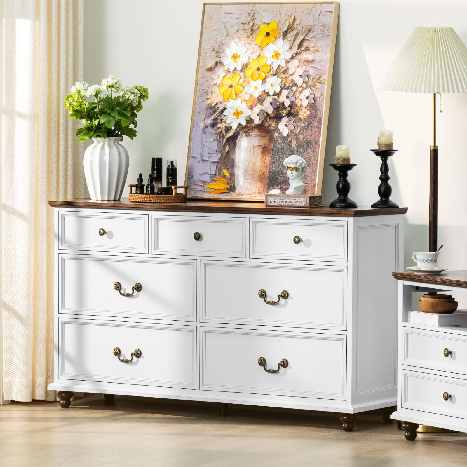 Farmhouse Style Nightstands Set of 2 with Charging Station & 7-Drawer Wood Dresser - 54