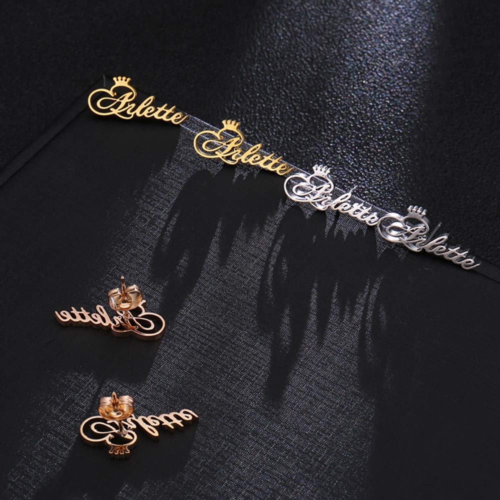 Custom Name Stud Earrings with Crown or Heart Charm - Personalized Jewelry Gift for Women - Birthday, Anniversary, Valentine's Day Present - Perfect for Everyday Wear & Special Occasions