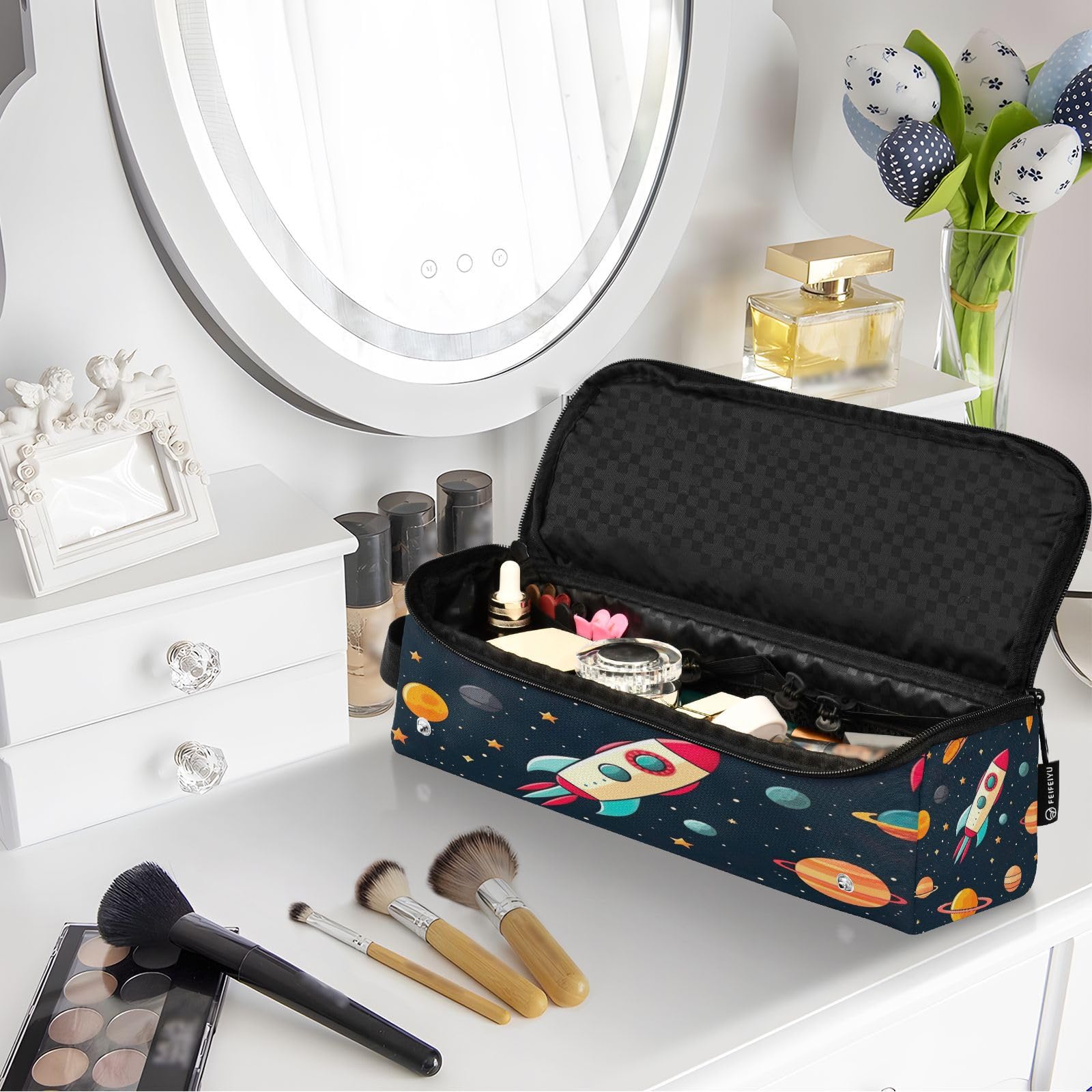 Kigai Spaceship Pattern Heat Resistant Hair Tools Travel Organizer - 2-in-1 Portable Curling Iron Case with Thermal Mat for Women | Perfect for Travel, Gym & Salon Visits