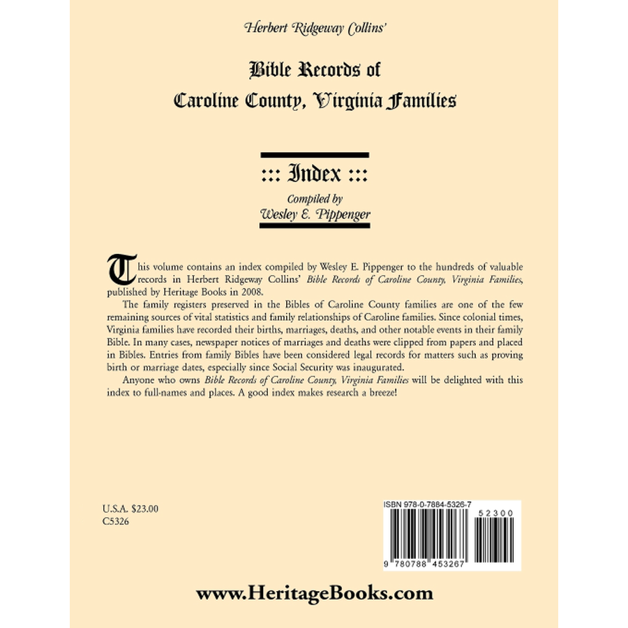 Bible Records of Caroline County Virginia Families - Genealogy Index for Ancestry Research & Family History Documentation