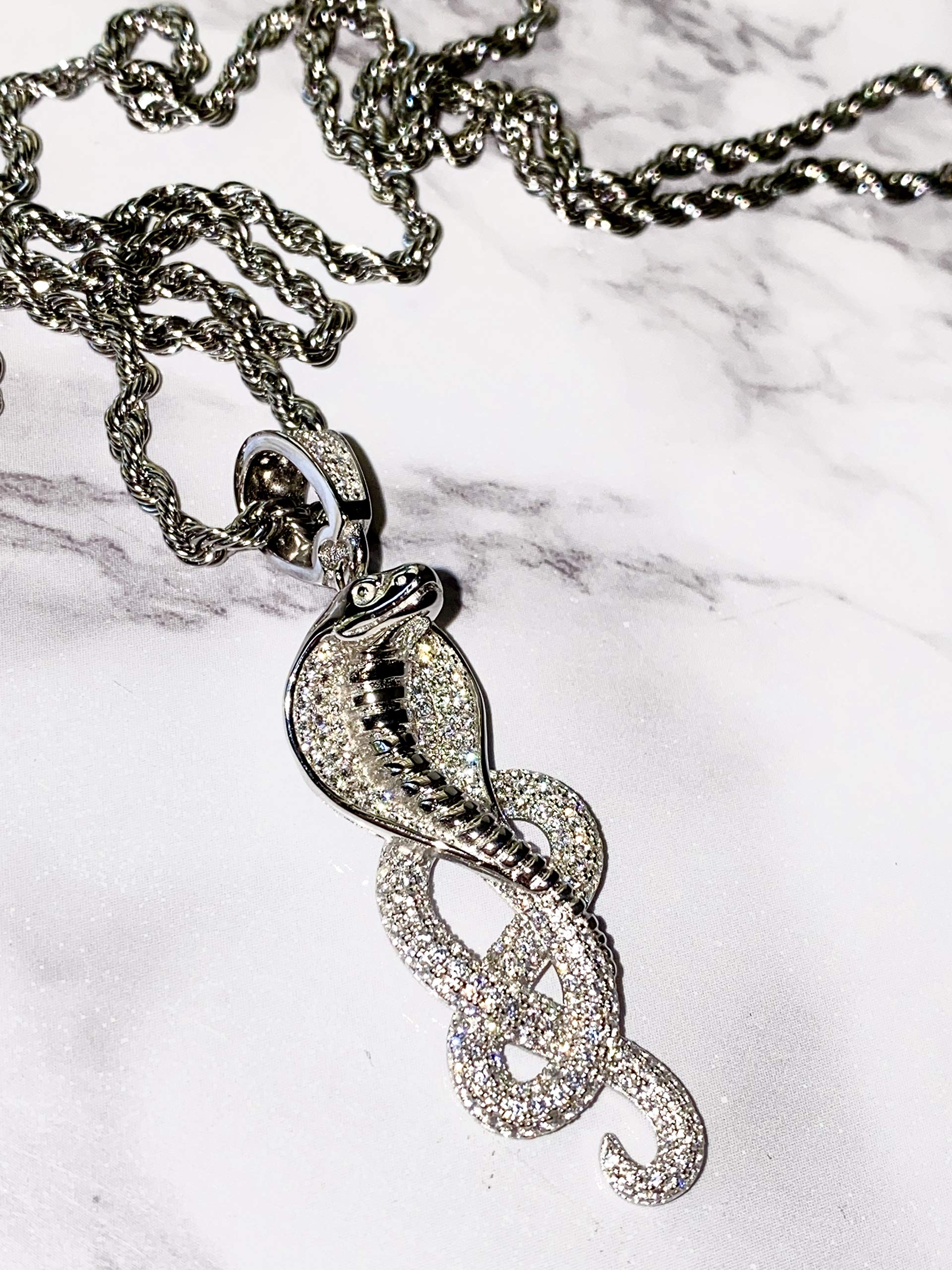 925 Sterling Silver Cobra Snake Pendant Necklace for Men & Women - Iced Out Stainless Steel Chain 16