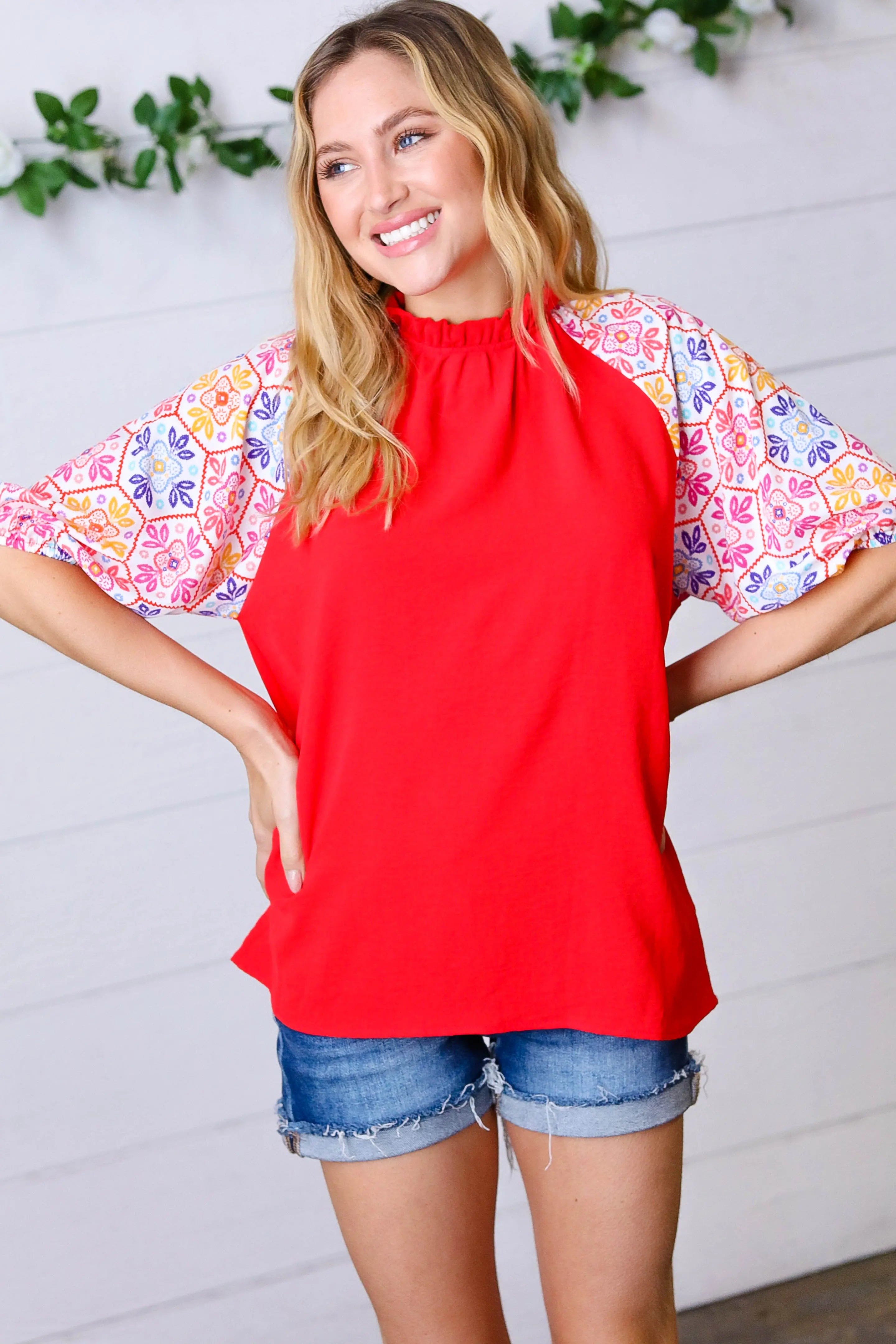 Cardinal Red Frilled Mock Neck Floral Puff Sleeve Blouse - Elegant Women's Fashion Top for Parties, Dates & Special Occasions
