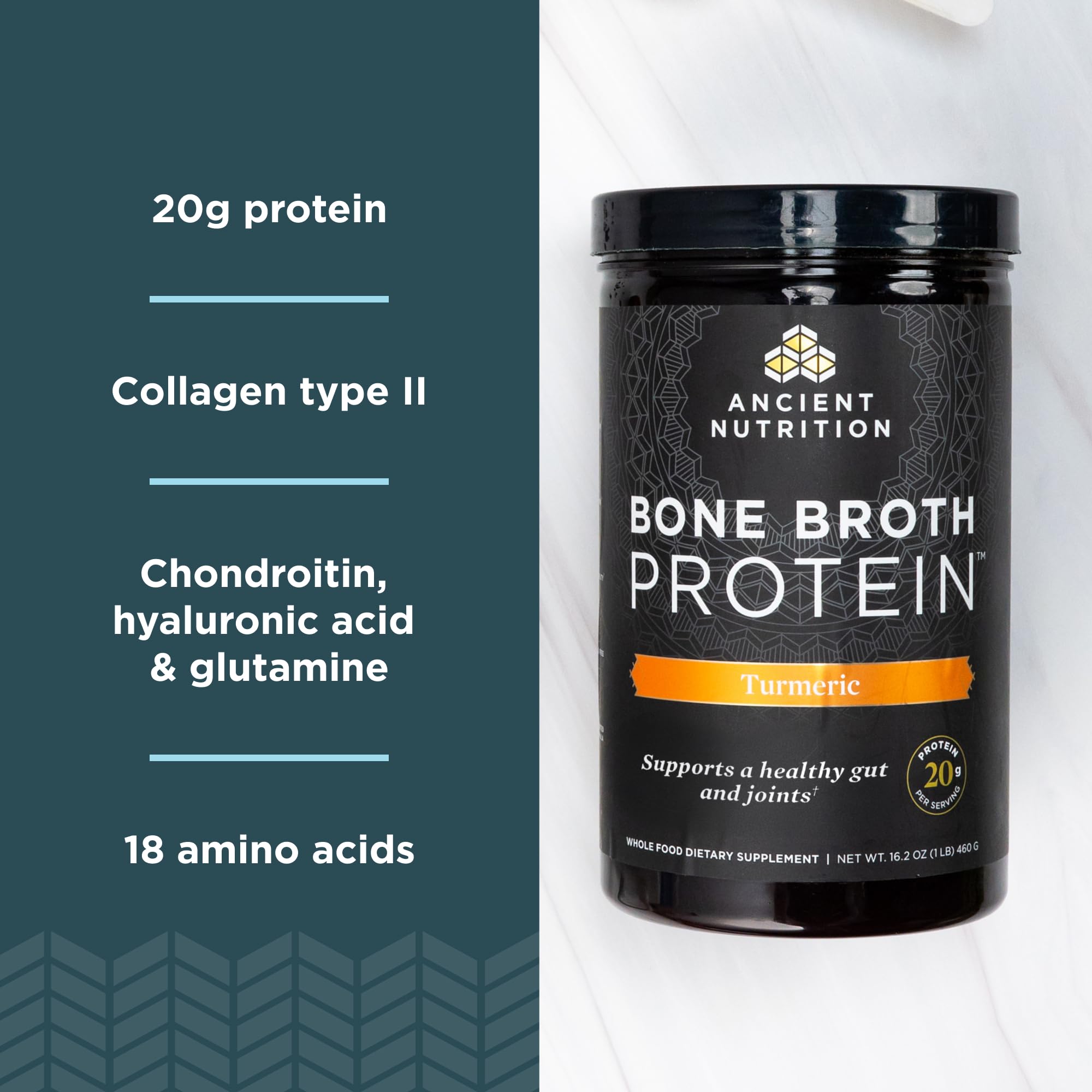 Ancient Nutrition Bone Broth Protein Powder with Turmeric - 20g Protein Per Serving, Gluten Free Hydrolyzed Collagen Peptides Supplement (20 Servings) - Supports Muscle Recovery & Joint Health for Athletes & Active Lifestyles