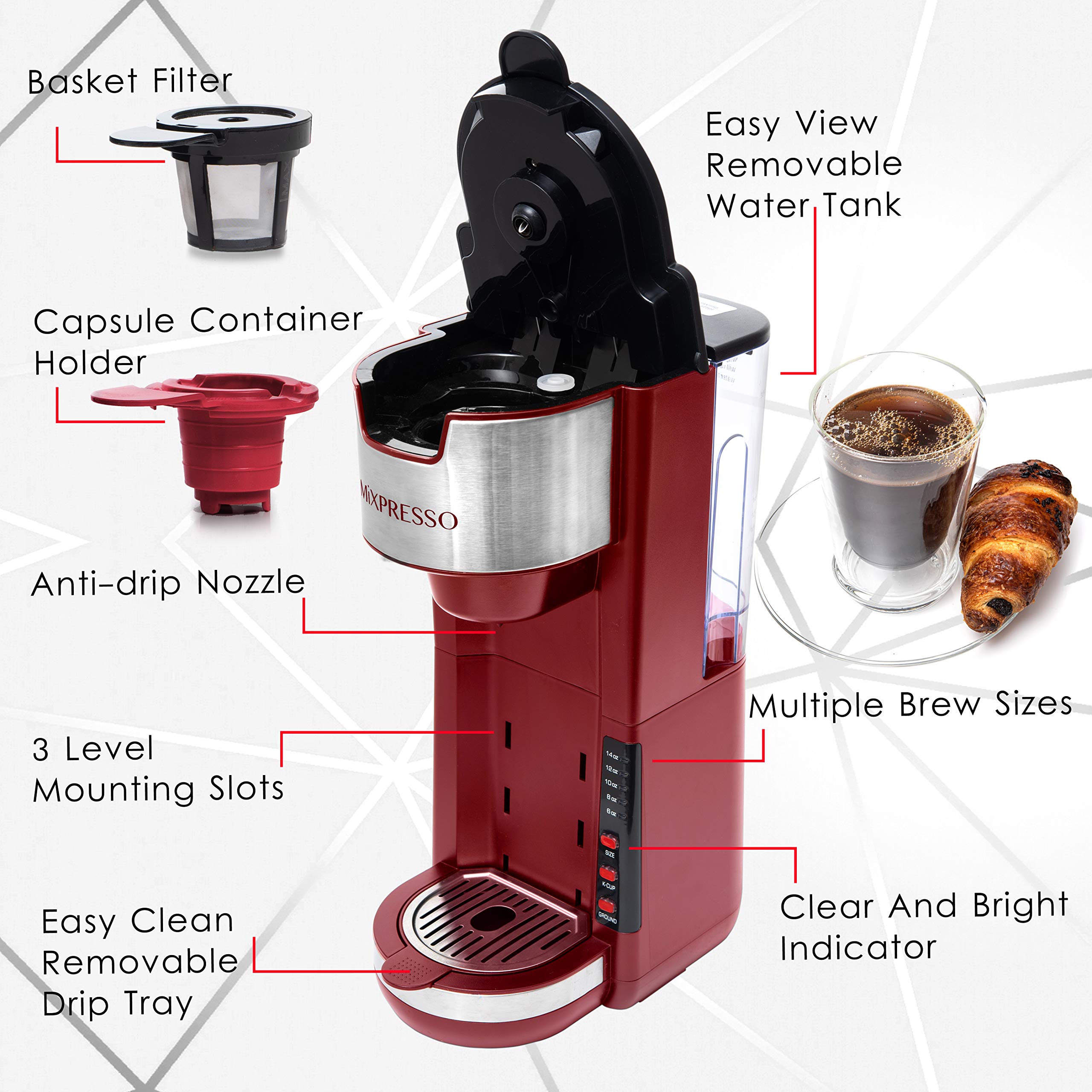 Mixpresso Single Serve Coffee Maker - Compact 30oz K-Cup & Ground Coffee Brewer with 5 Brew Sizes (Up to 14oz), Adjustable Drip Tray, Travel Mug Compatible - Perfect for Home, Office, and Travel (Red)