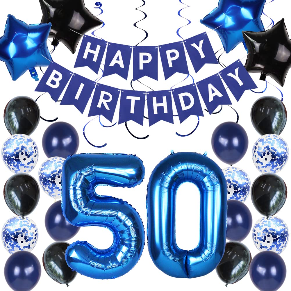50th Birthday Decorations for Men - Blue Happy Birthday Banner with Number 50 Foil Balloon - Perfect for 50th Anniversary Party Decor & Backdrop - Ideal for Milestone Celebrations, Retirement Parties & Special Occasions