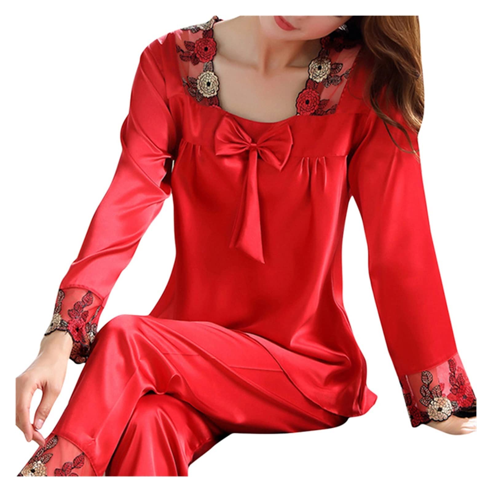 2 Piece Women's Autumn Sleepwear Set - Faux Silk Satin Pajamas with Long Sleeves, Comfortable Homewear for Women (Red, Medium) - Perfect for Cozy Nights, Lounging at Home, and Gift Giving