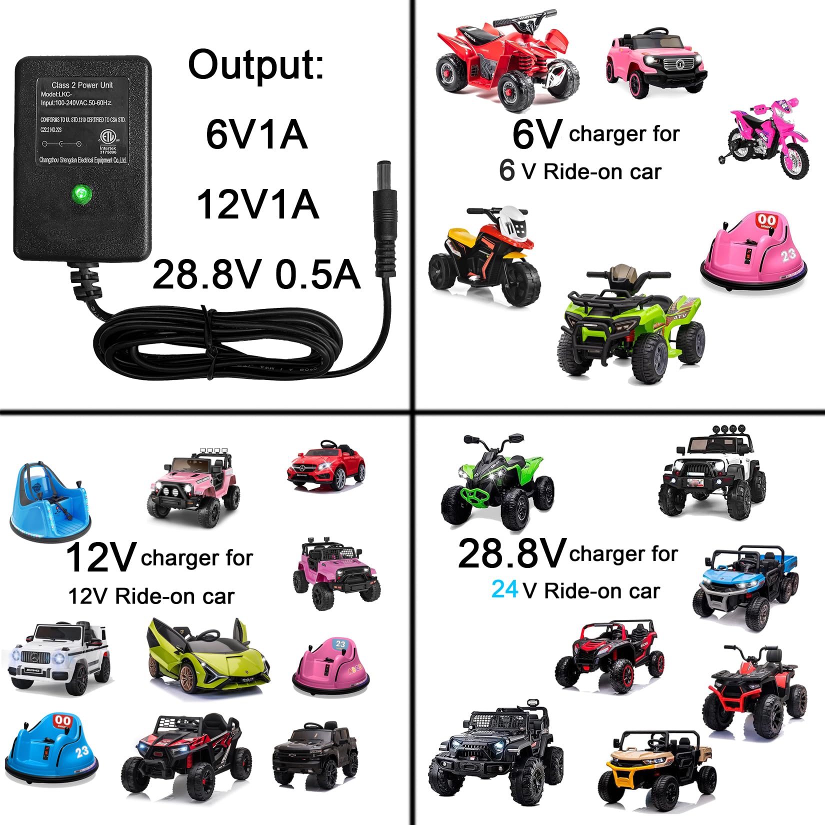 24V 28.8V 0.5A Universal Battery Charger for Kids Electric Ride-On Toys & Vehicles - Replacement Power Adapter for Children's Electric Cars, Scooters, and Motorcycles - Perfect for Home, Backyard, and Outdoor Play