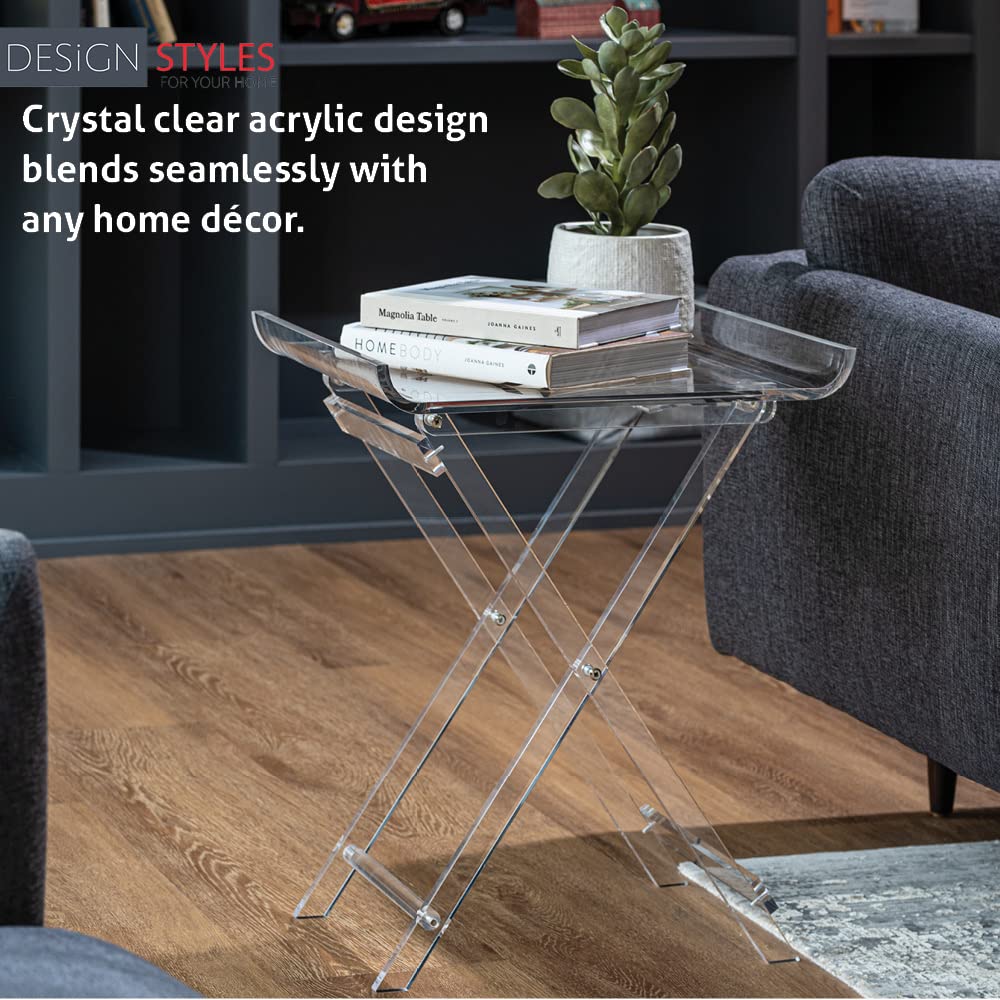 Designstyles Acrylic Folding Tray Table - Modern Chic Accent Desk for Kitchen & Bar Serving - Elegant Clear Curved Top Design - Perfect for Breakfast in Bed, Living Room Snacks & Outdoor Entertaining