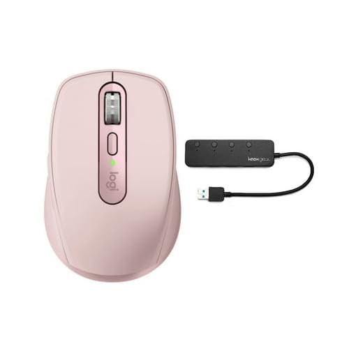 Logitech MX Anywhere 3 Wireless Mouse - Compact Ergonomic Design, 4000 DPI, Bluetooth/USB - Rose Pink + 4-Port USB Hub Bundle - Perfect for Travel, Office & Home Workspace