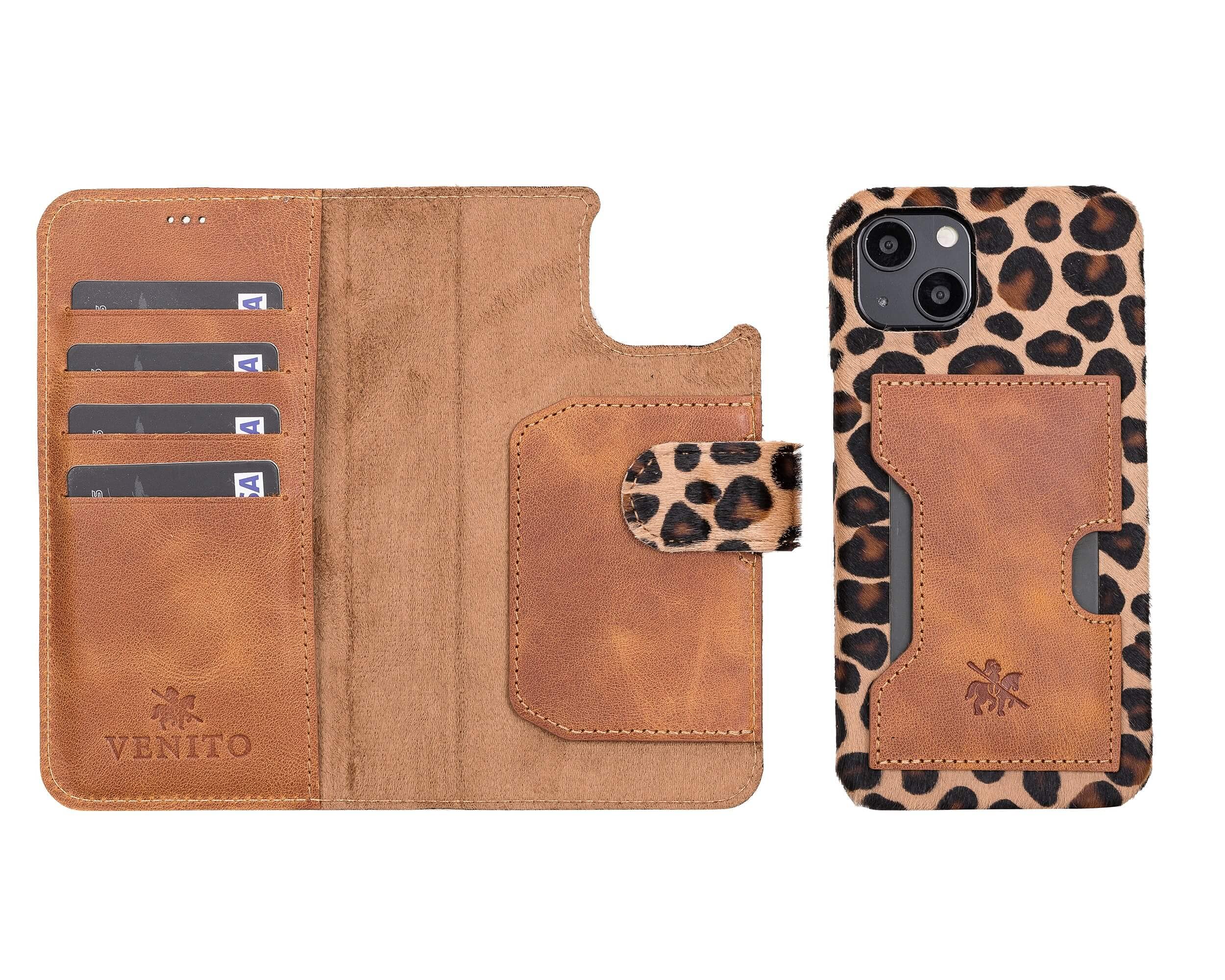 Venito Florence Genuine Leather Wallet Phone Case for iPhone 13 (6.1 Inch) - RFID Blocking Protection - Detachable Card Holder - Furry Leopard Print - Perfect for Travel, Shopping & Everyday Use