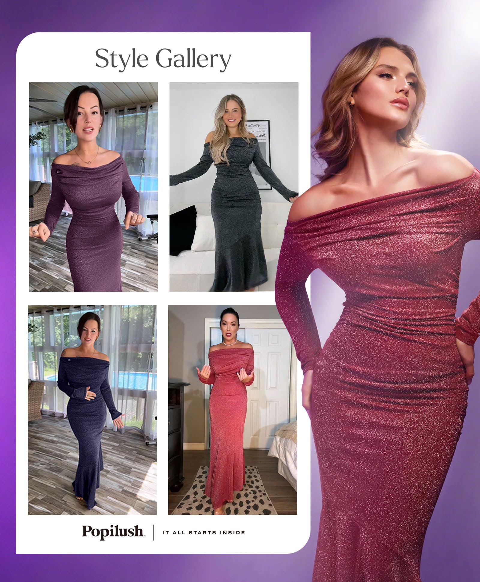 Sparkly Long Sleeve Off Shoulder Bodycon Dress for Women - Sexy Cocktail & Mermaid Dress with Built-in Shapewear - Perfect for Parties, Night Out, and Special Occasions