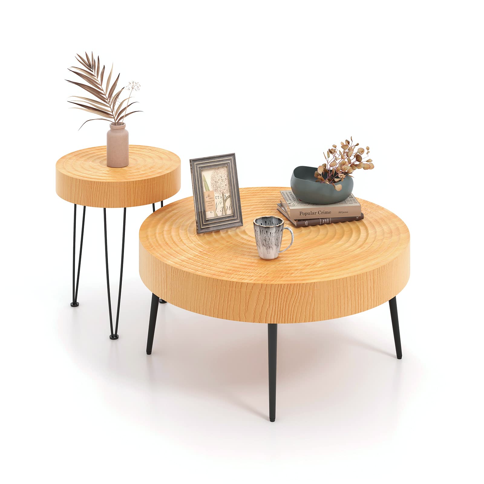GOFLAME Round Coffee Table Set of 2 - Farmhouse Boho End Tables with Natural Wood Finish & Wood Ring Design, Solid Wood Nesting Side Tables with Sturdy Metal Legs & Adjustable Foot Pads - Perfect for Living Room, Bedroom, Dorm or Office Decor