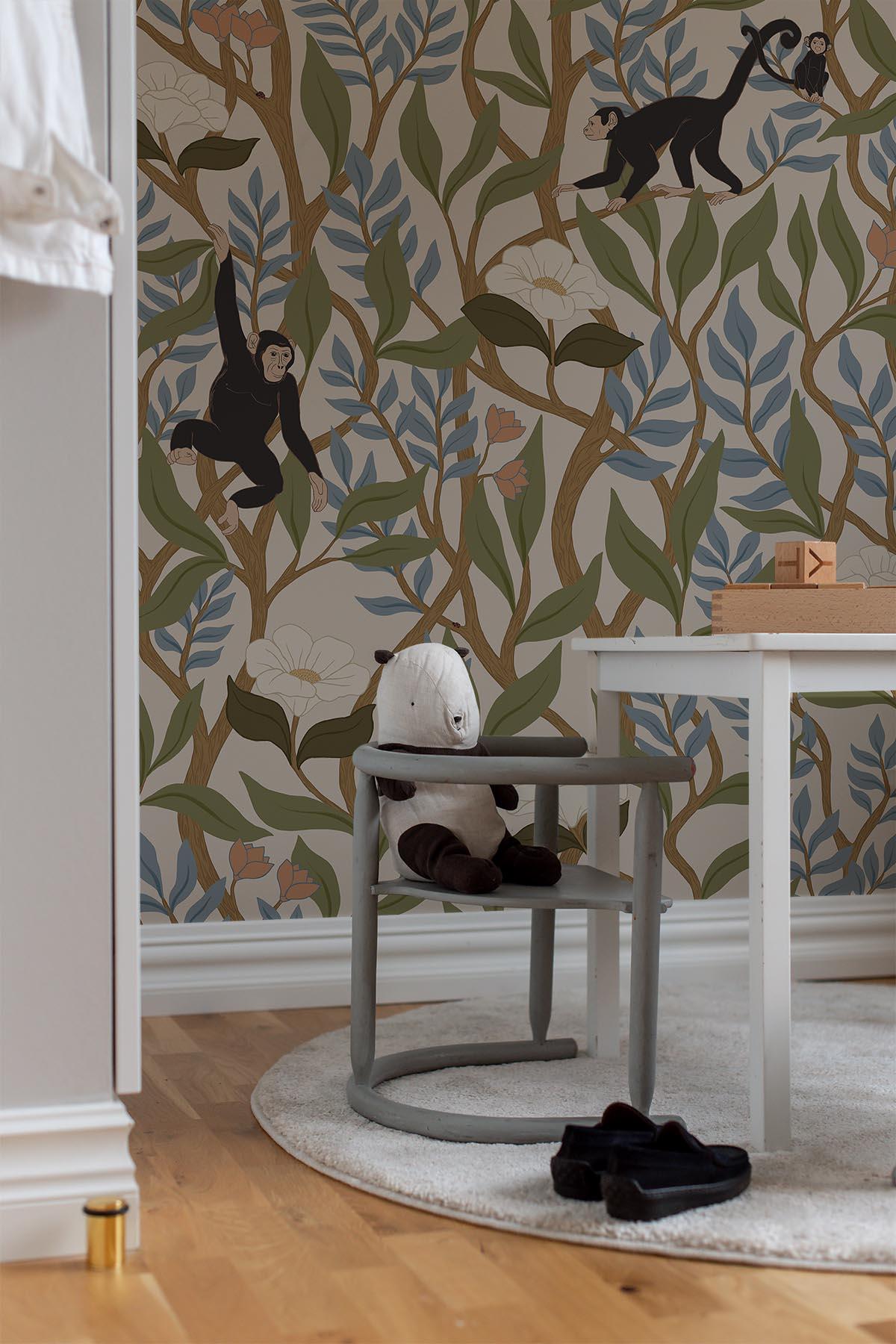 Climbing Monkeys Pale Beige Wallpaper - Peel and Stick Removable Wall Decals for Kids Room, Nursery, Playroom & Home Decor | Easy to Install & Reusable
