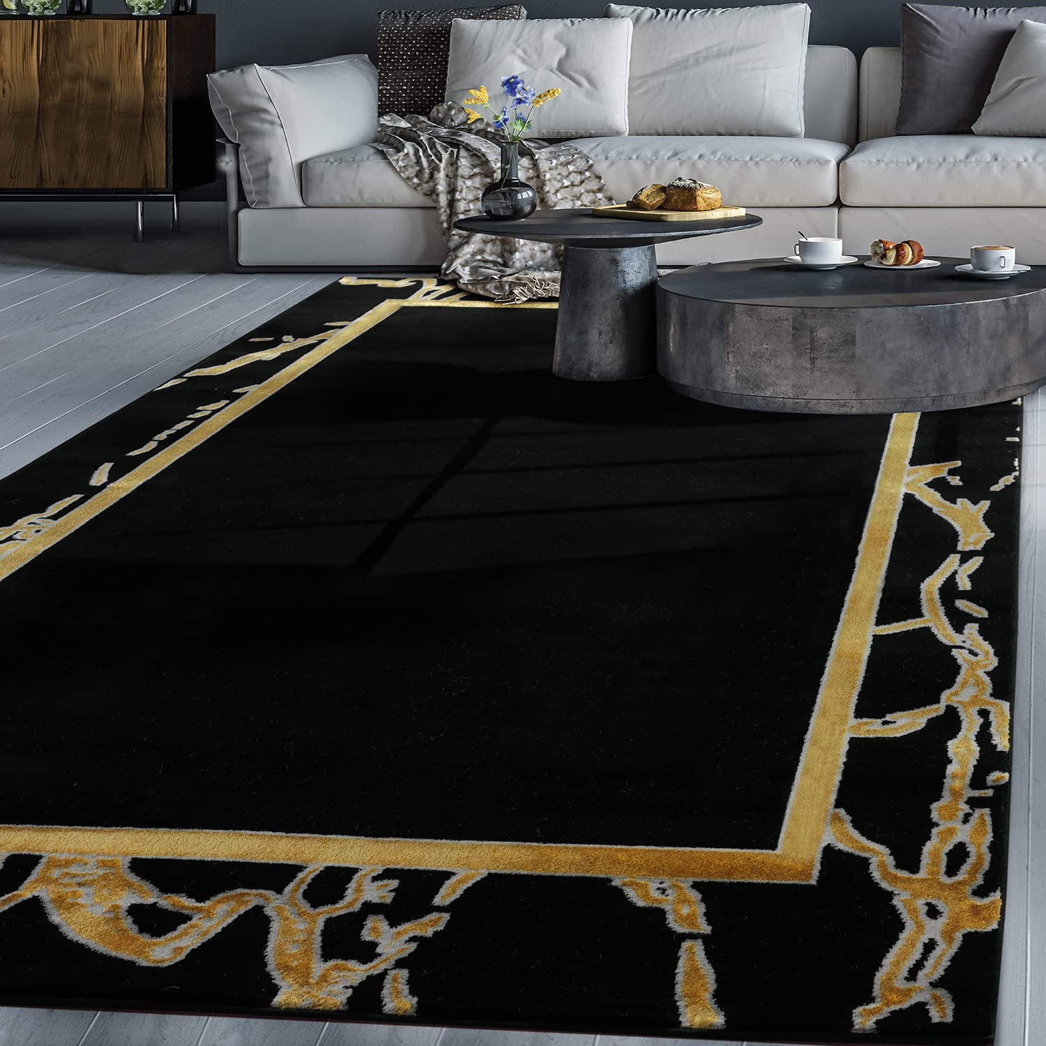 Antep Rugs Babil Gold 5x7 Modern Geometric Area Rug with Marble Border - Black Indoor Carpet (5'3