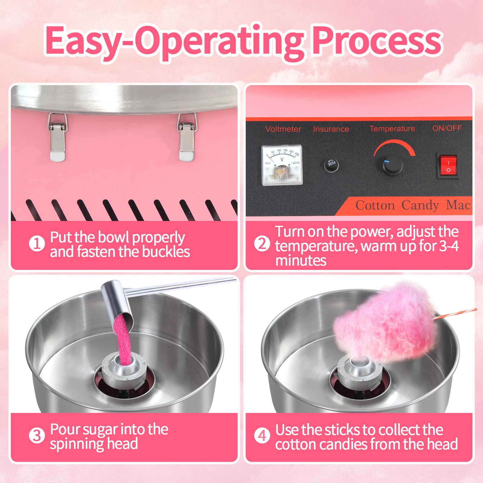 1050W Commercial Cotton Candy Machine with Stainless Steel Bowl - Electric Candy Floss Maker for Kids Birthday Parties, Halloween, Christmas & Festivals - Perfect for Family Gatherings, Carnival Events & Sweet Shops (Pink)