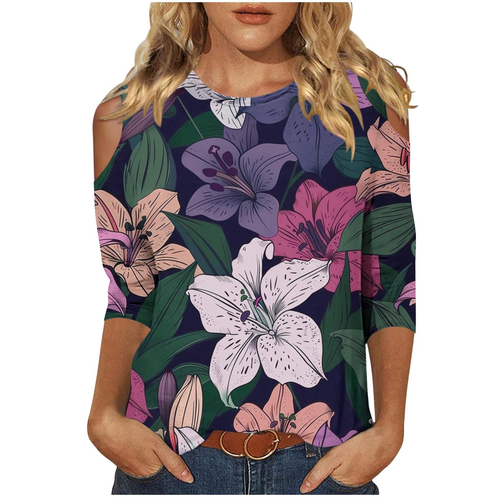 2024 Women's 3/4 Sleeve Cold Shoulder Floral Print Blouse - Loose Fit Crewneck T-Shirt Top | Prime Day Deals | Casual Wear, Summer Outfits & Daily Fashion