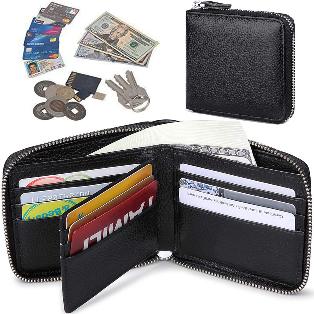Huztencor RFID Blocking Leather Bifold Wallet for Men - Slim Credit Card Holder with Zipper, Secure Money Organizer (Ideal for Travel, Business & Everyday Use)