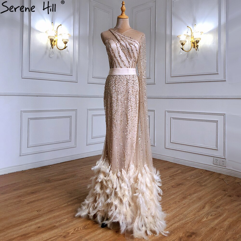 Elegant Gold One Shoulder Mermaid Evening Dress with Feather & Beaded Details - Luxury Women's Party Gown for Prom, Wedding & Special Occasions - Serene Hill LA71096
