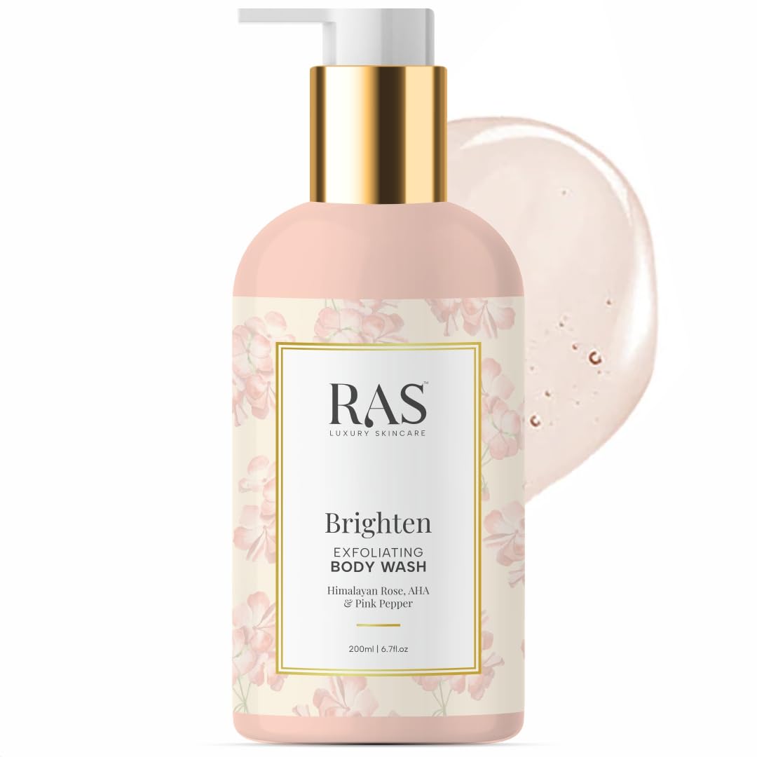RAS Luxury Oils Brightening Exfoliating Body Wash - Sulfate Free, Himalayan Rose & Pink Pepper Scent, AHA Formula for Glowing Skin - Gentle Exfoliation for Men & Women (200ml) | Perfect for Daily Shower Routine & Spa-Like Experience at Home