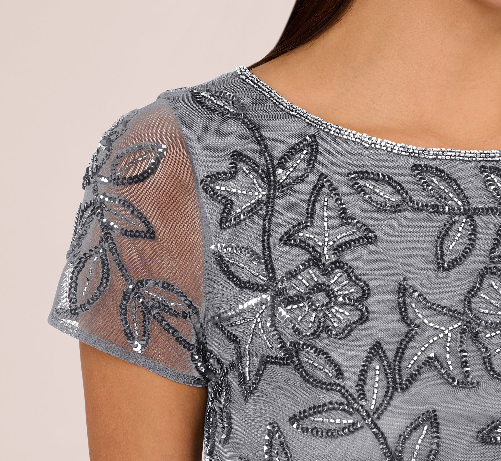 Elegant Dusty Blue Jasmine Beaded Blouson Gown with Sheer Short Sleeves - Perfect for Weddings, Evening Parties, and Special Occasions