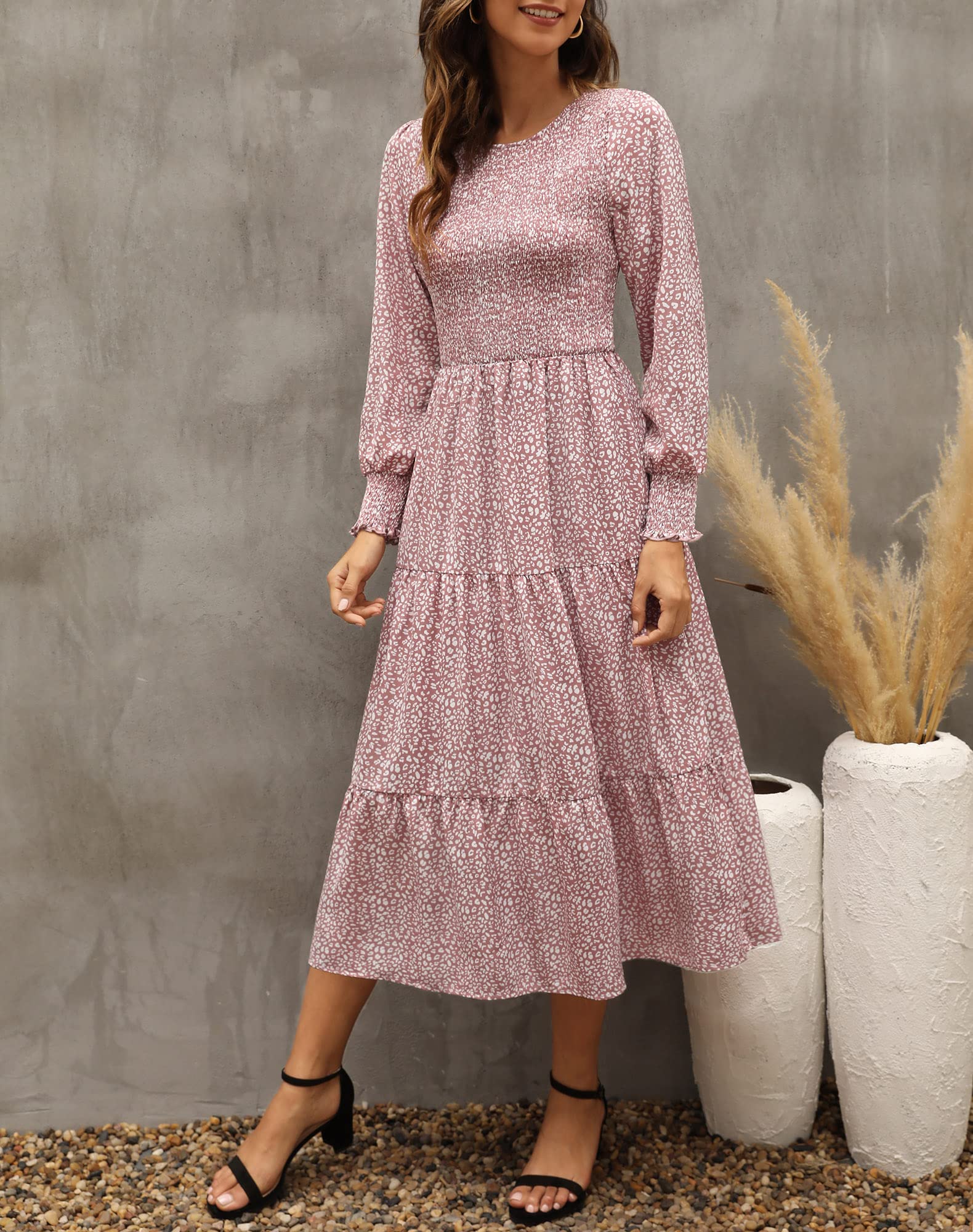 Zattcas Women's Fall Dresses 2025 - Casual Long Sleeve Smocked Boho Floral Tiered Midi Dress with Pockets for Wedding Guest, Party, Date Night & Autumn Outings