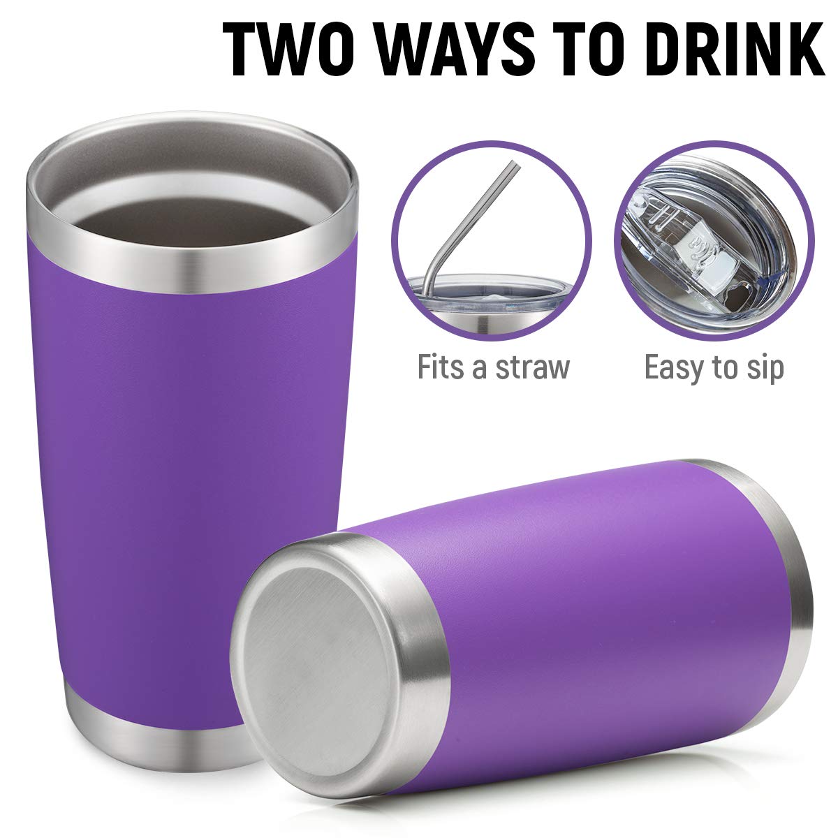 COMOOO 20oz Double Wall Vacuum Insulated Stainless Steel Travel Mug with Lid & Straw - Powder Coated Durable Tumbler for Hot & Cold Drinks (4 Pack, Purple) - Perfect for Office, Camping, Gym & Daily Commute