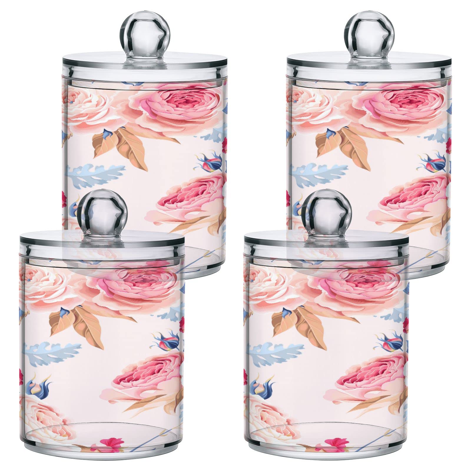 ALAZA Pink Rose Round Qtip Holder - 10 oz Plastic Cotton Ball & Swab Organizer with Lid for Bathroom Countertop Storage | Perfect for Makeup, Skincare, and First Aid Organization