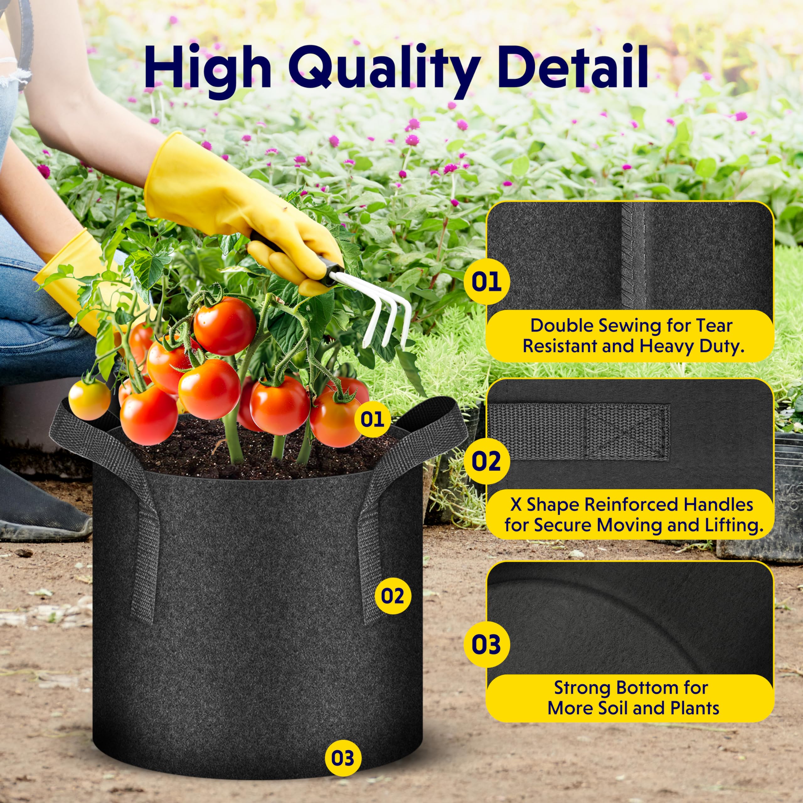 iPower 15-Pack 7 Gallon Thickened Grow Bags - Premium Nonwoven Fabric Pots with Reinforced Handles for Gardening, Planting Vegetables, Flowers & Herbs - Durable Aeration Containers for Indoor/Outdoor Use