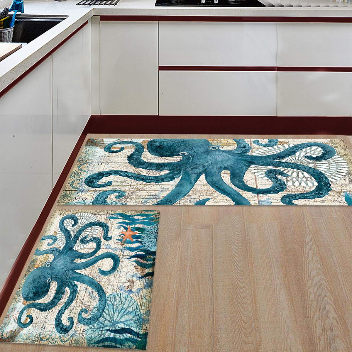 Teamery Non-Slip Kitchen Rugs Set of 2 - Cushioned Comfort Floor Mats for Kitchen, Living Room, Bathroom & Standing Desk - Octopus Map Marine Life Design - Perfect for Home Entrance, Office & High-Traffic Areas