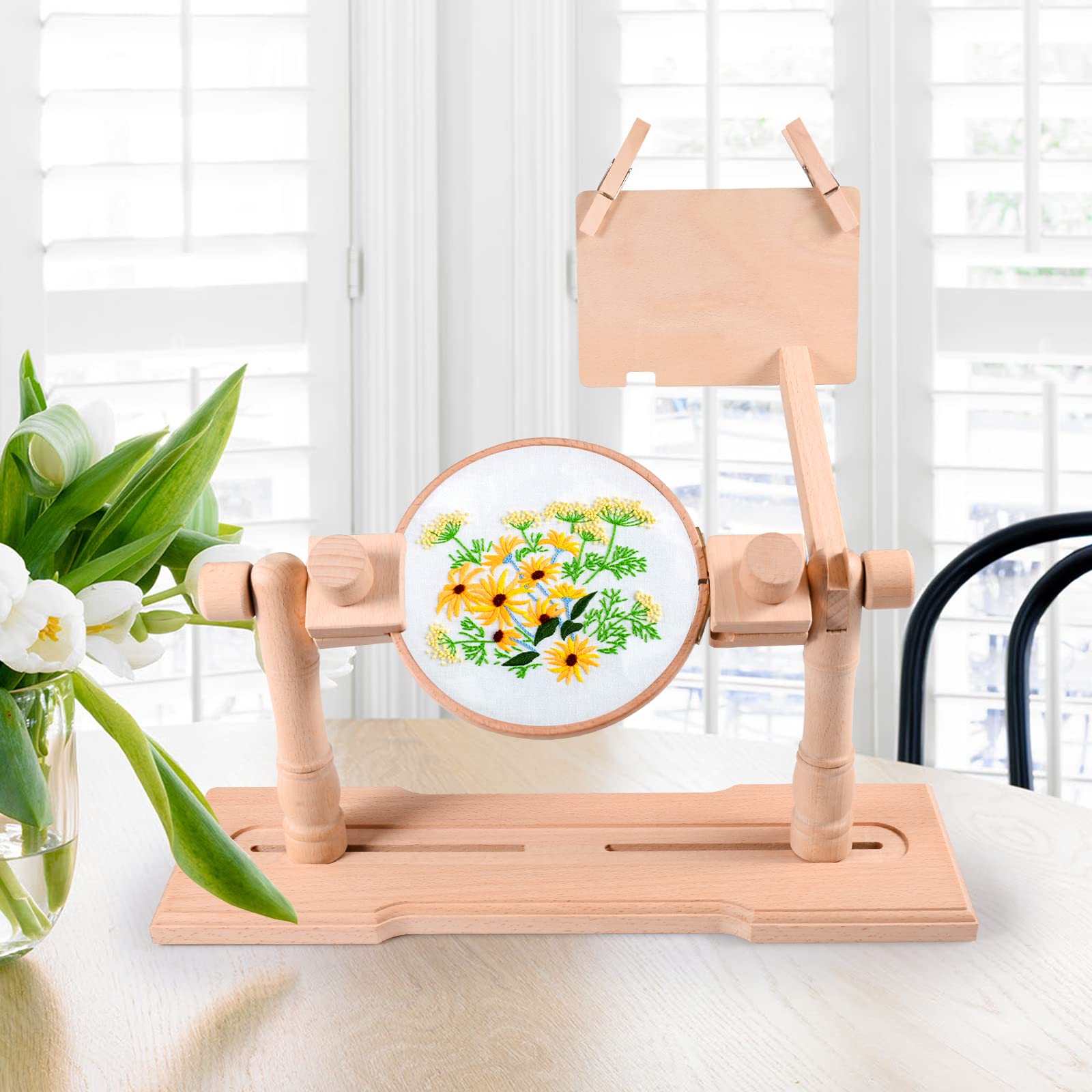 Rotating Embroidery Hoop Stand - Beech Wood Cross Stitch Lap Stand with Instruction Board for Needlework | 2-Person Embroidery Holder for Home Crafting & DIY Projects