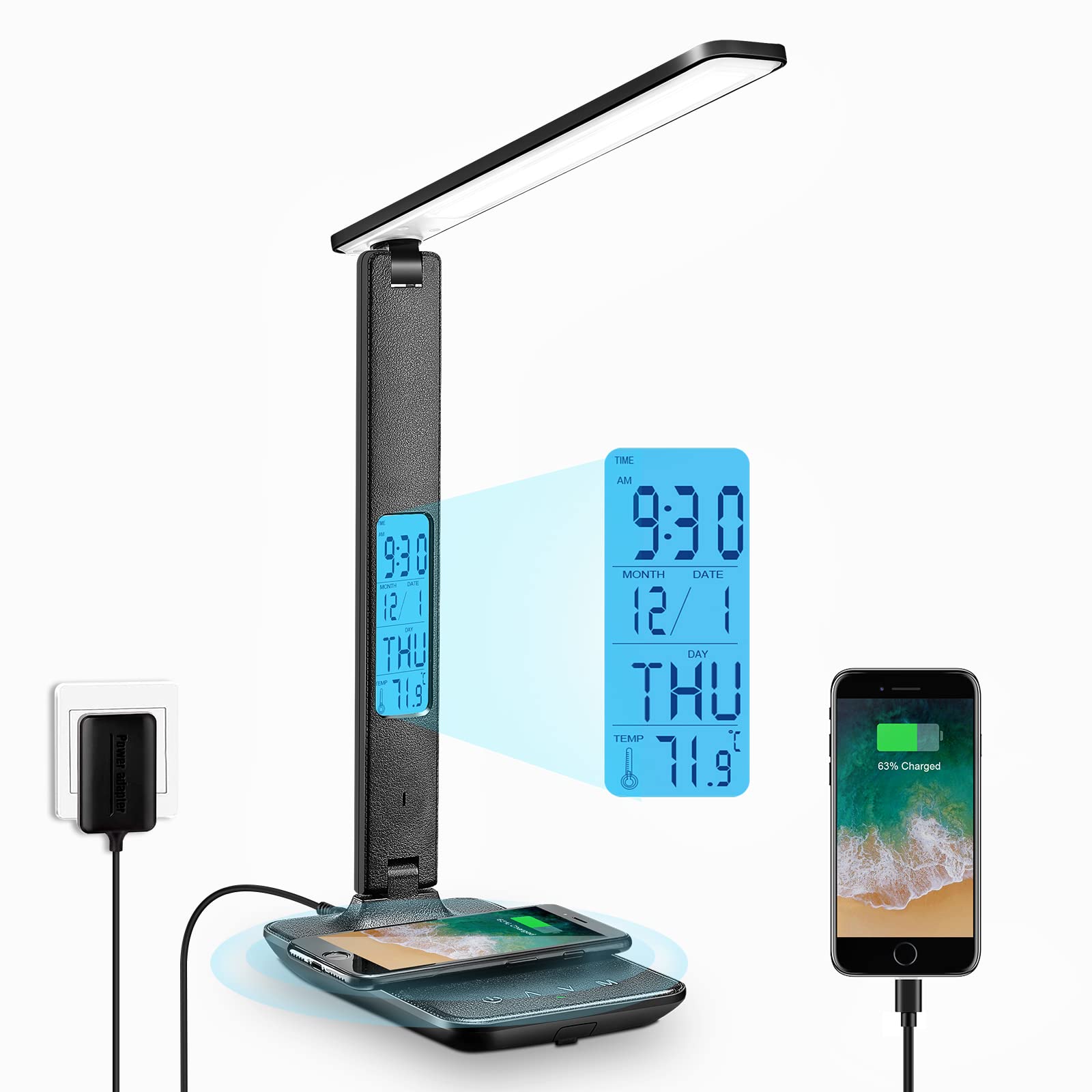LAOPOO LED Desk Lamp with Wireless Charger & USB Port - Adjustable Brightness, Built-in Digital Clock - Perfect for Home Office, Study Room, College Dorm (Reading, Working, Night Light)
