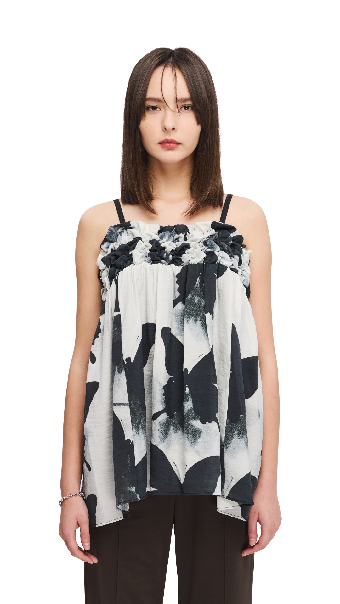 INITIAL X Mika Ninagawa Smocked Camisole Top - Women's Floral Print Summer Blouse for Casual Wear, Beach Outfits & Date Nights