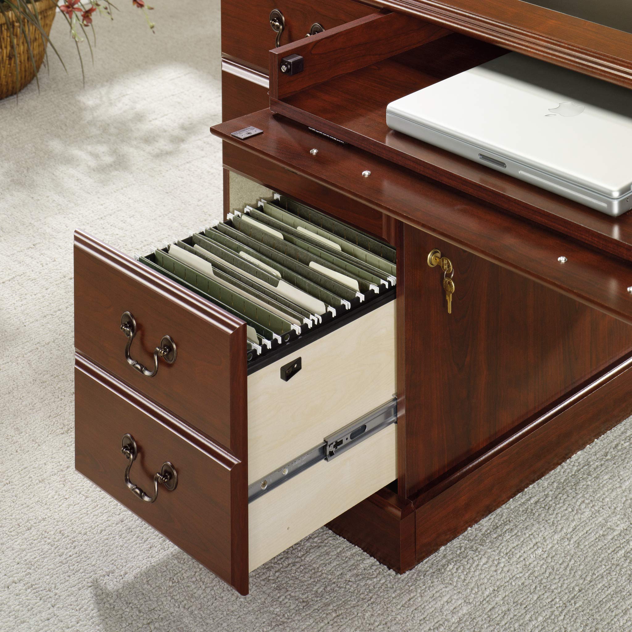 Sauder Heritage Hill Executive Desk - Classic Cherry Finish for Home Office & Workspace | Solid Wood Writing Desk with File Drawer & Keyboard Tray