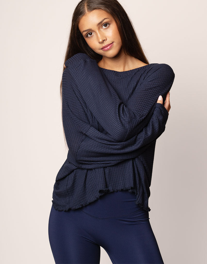 Oversized Waffle Knit Sweater Women's Navy Blue Long Sleeve Casual Pullover for Fall Winter Outfits | Cozy Loungewear & Layering Essential