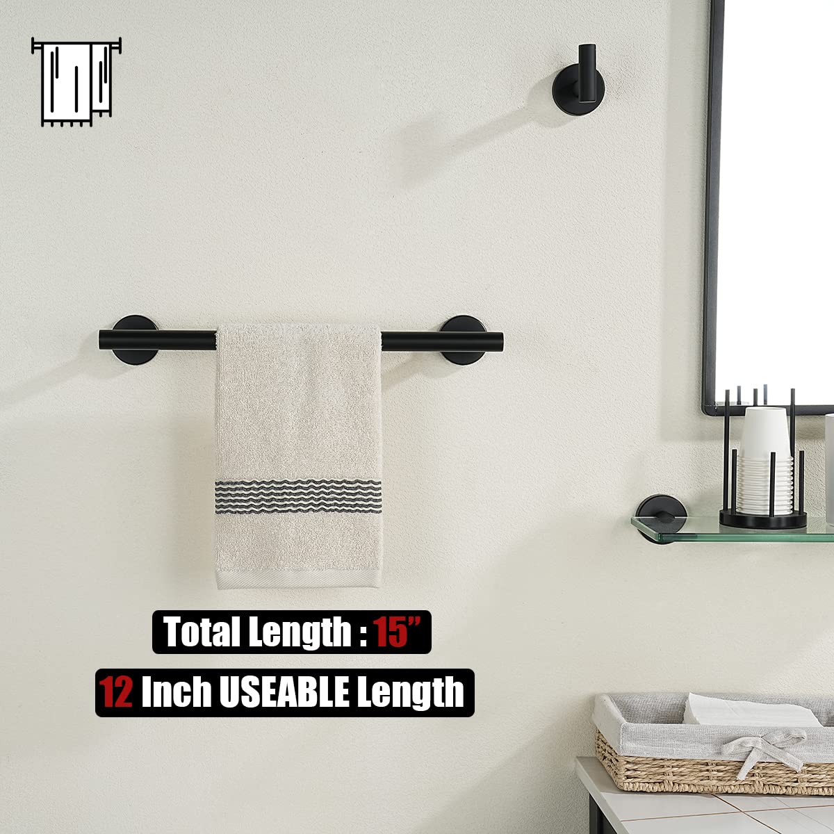 12 Inch Matte Black Towel Bar - 304 Stainless Steel Heavy Duty 0.8mm Thick Bathroom Towel Holder - Wall Mounted Hand Towel Rack for Bathroom, Kitchen, Laundry Room (Total Length 15 Inch) TB110L12-PB