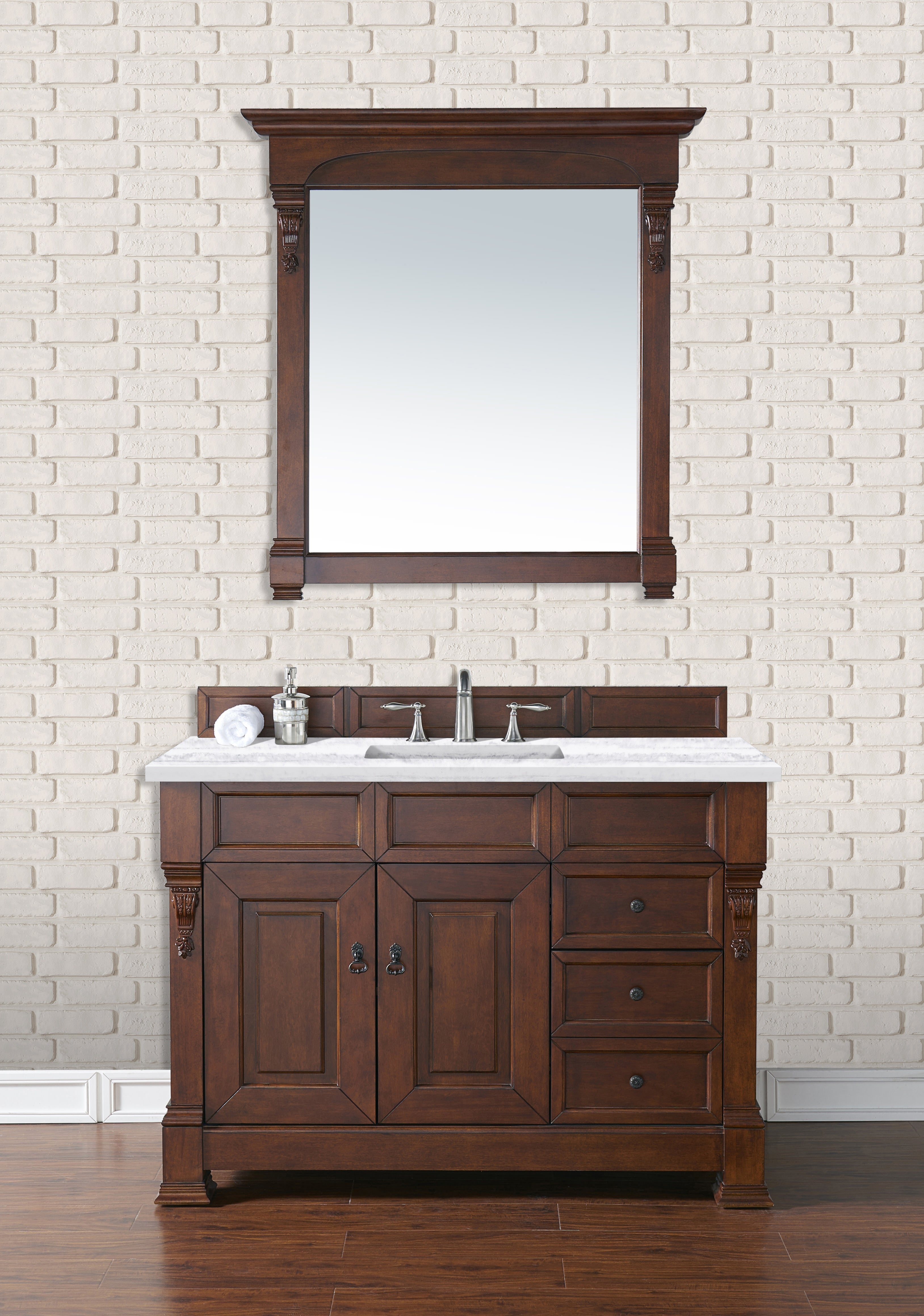 Brookfield 48 Inch Single Bathroom Vanity with Warm Cherry Finish & 3CM Arctic Fall Solid Surface Top - Perfect for Modern and Traditional Bathroom Designs