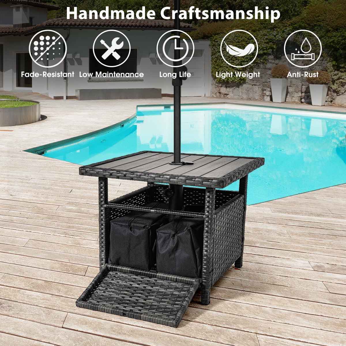Heavy Duty Sundale Outdoor Umbrella Stand with 2 Weight Bags - 22 Inch All-Weather Wicker Side Table with Umbrella Hole - Sturdy Rattan Base for Patio, Deck, Yard, Poolside & Porch (Charcoal Gray) | Perfect for Outdoor Entertaining & Relaxation