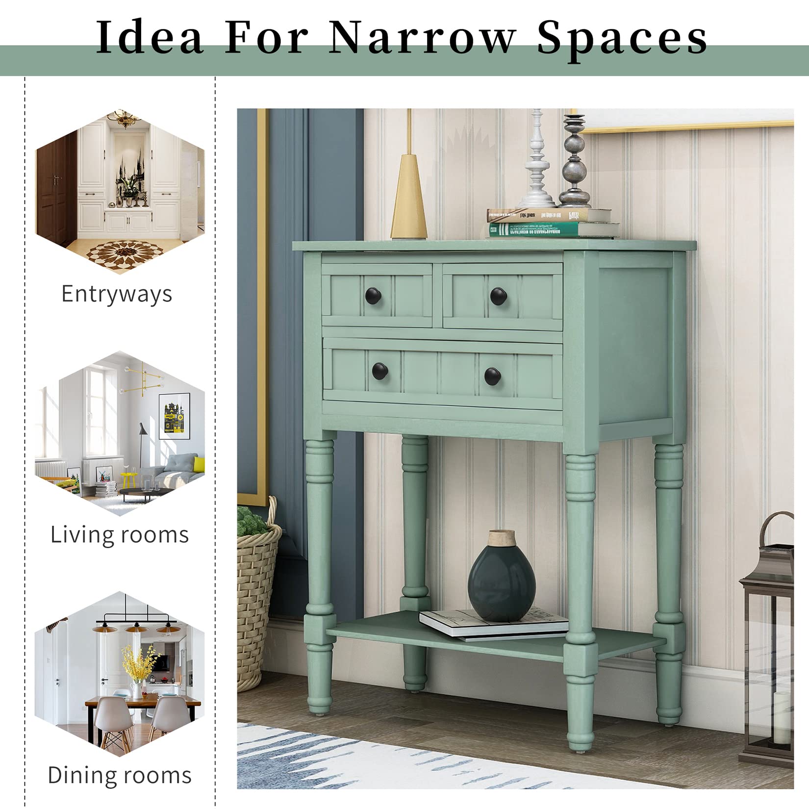 24 Inch Solid Wood Entryway Console Table with 3 Drawers & Bottom Shelf - Modern Sofa Table, Behind Couch Table, End Table for Living Room, Dining Room & Kitchen - Retro Green Home Decor for Small Spaces & Narrow Hallways