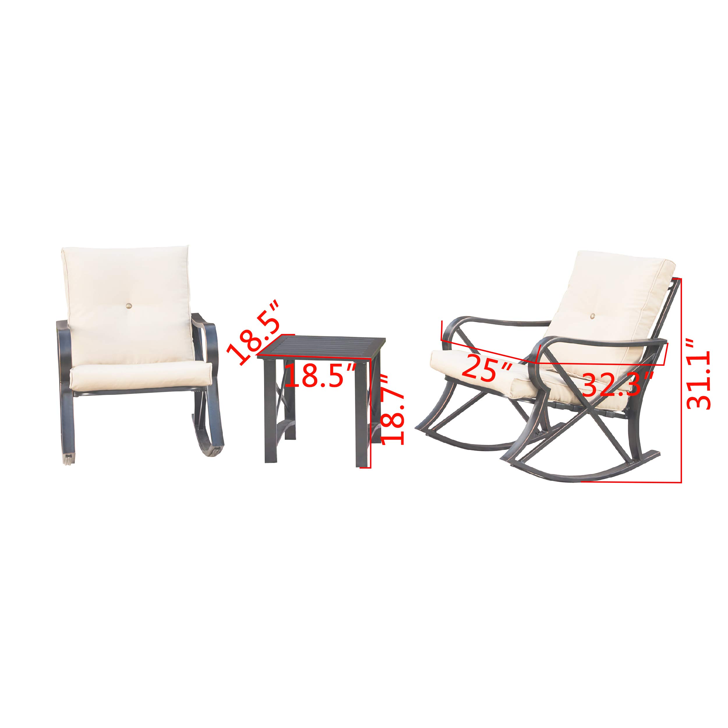Modern Outdoor Bistro Set with Rocking Chairs & Coffee Table - 3-Piece Metal Patio Furniture Conversation Set with Thick Cushions for Backyard, Lawn, Porch, Poolside - Perfect for Relaxing, Entertaining & Enjoying Summer Days (Khaki)