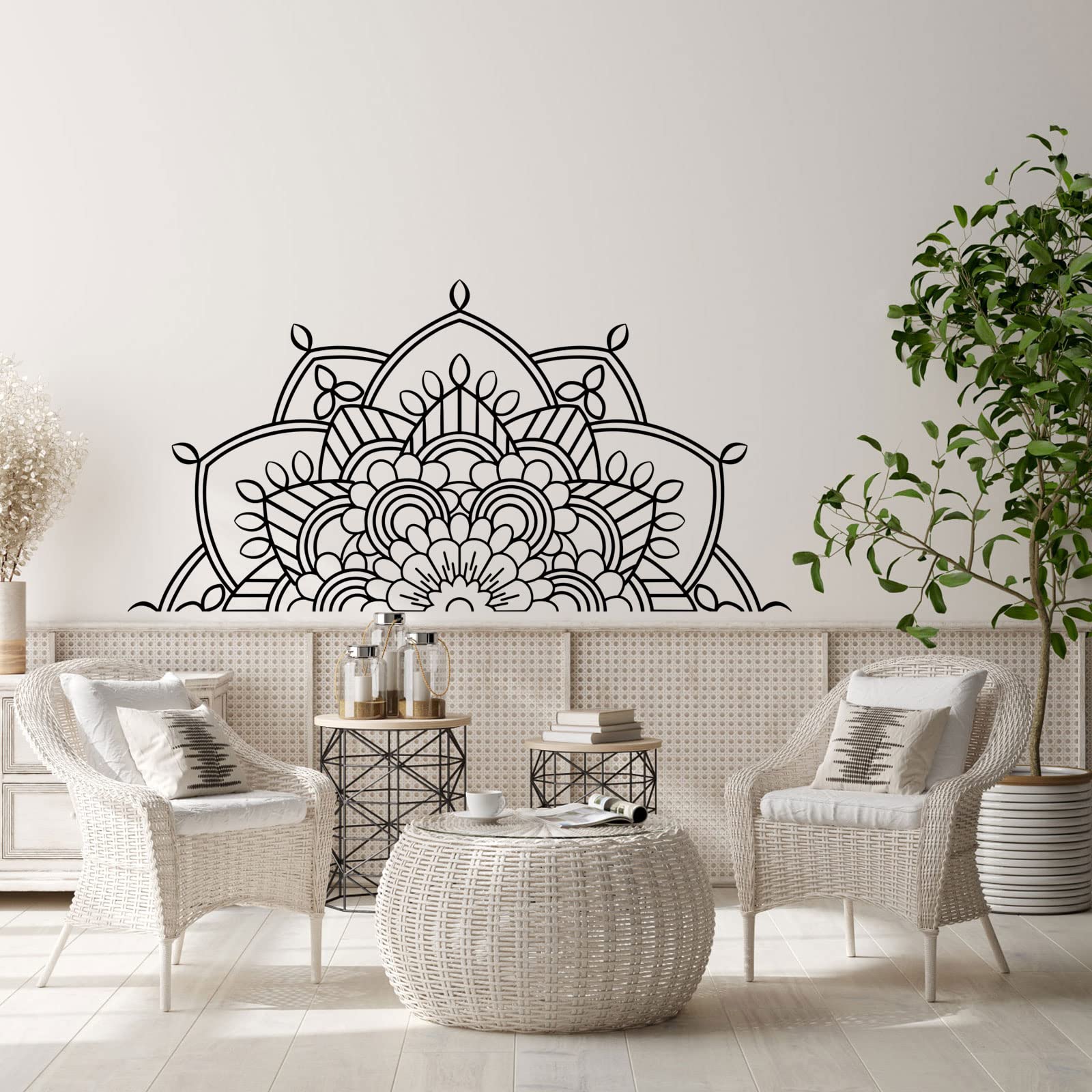 Half Mandala Wall Decal - Removable Vinyl Flower Sticker for Bedroom, Yoga Studio & Office Decor | Meditation Wall Art for Home, Cafe & Art Room | Boho Chic Decoration for Spiritual Spaces