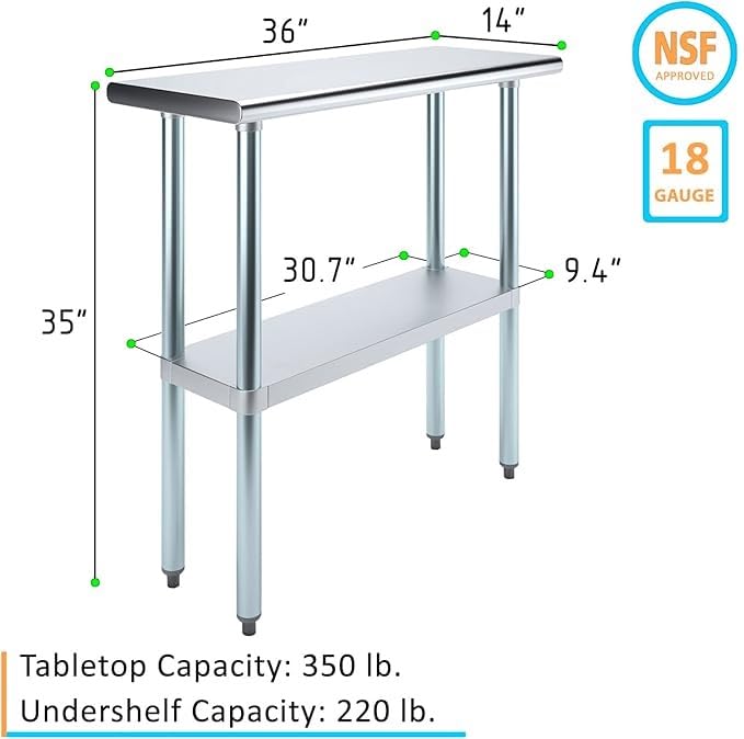 NSF Certified Heavy Duty Stainless Steel Prep Table - Commercial & Home Kitchen Use with Galvanized Shelf & Legs (Optional Wheels) - Perfect for Restaurants, Food Trucks & Home Chefs