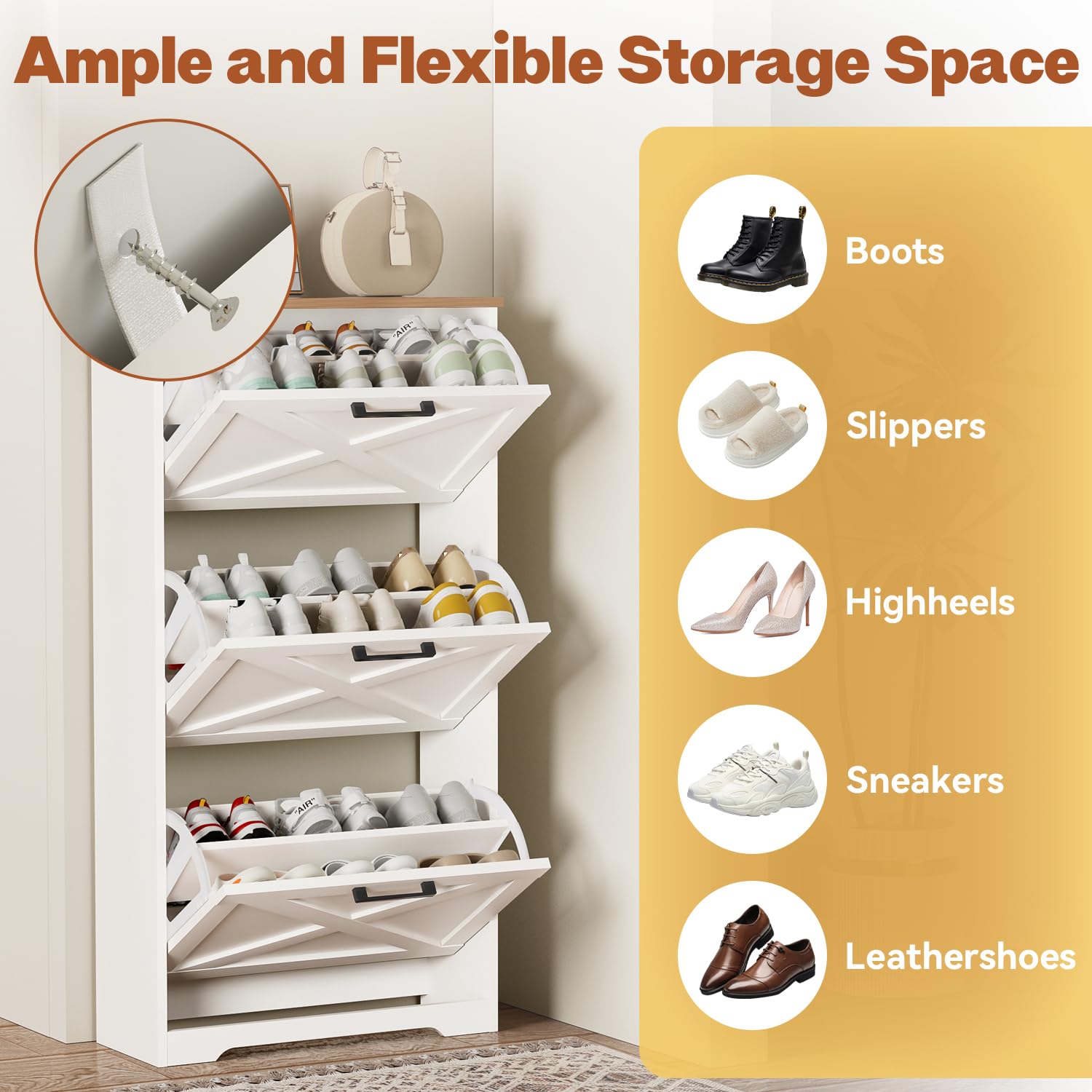 Farmhouse Shoe Cabinet with 3 Flip Drawers - 3 Tier Freestanding Shoe Organizer for Entryway, Hallway & Living Room - Slim Narrow Storage Cabinet (White) - Perfect for Small Spaces & Home Organization