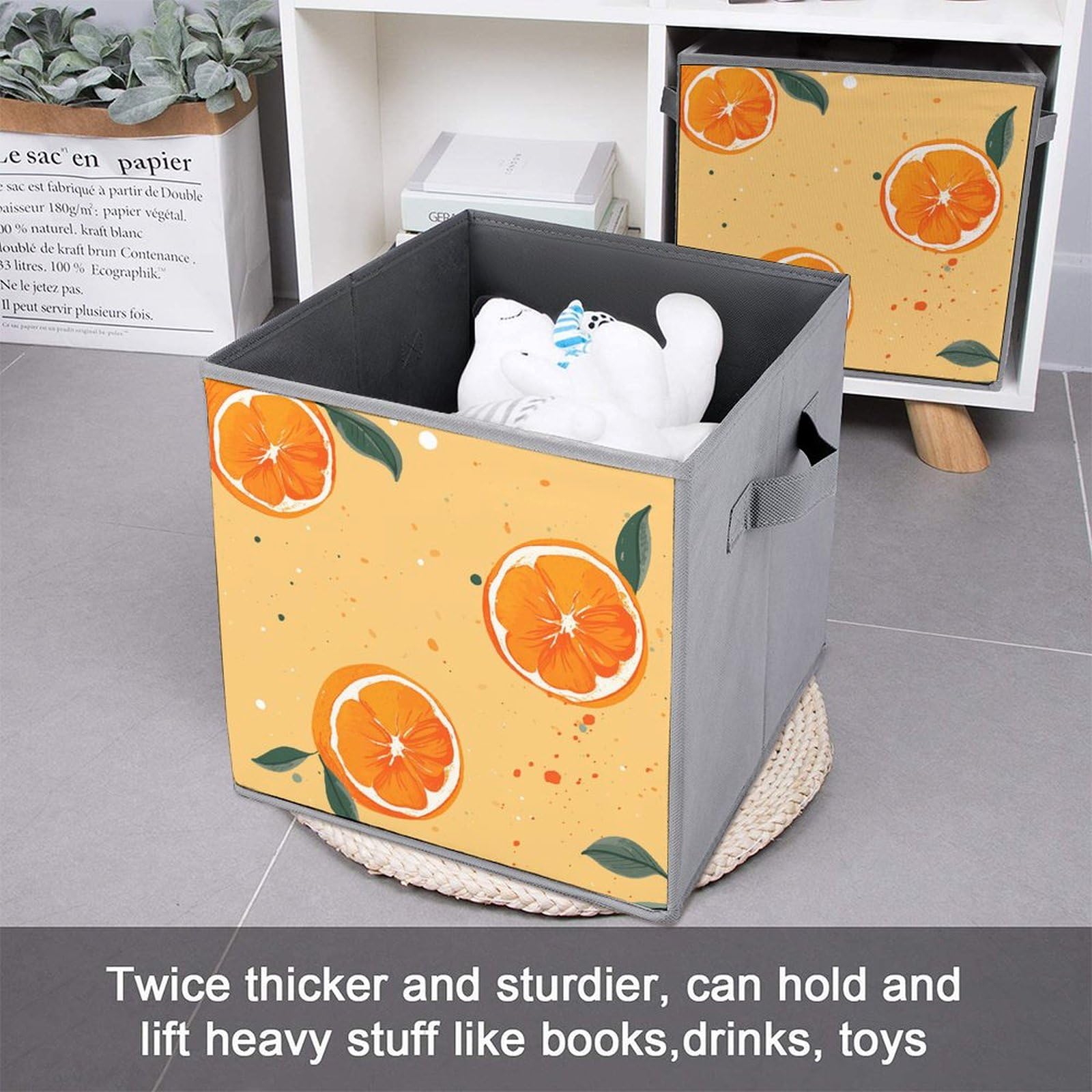 6-Piece Foldable Storage Bins Set - Large Capacity Cartoon Orange Printed Storage Boxes with Handles for Playroom, Office & Home Organization | Perfect for Kids' Toys, Books & Clutter Control