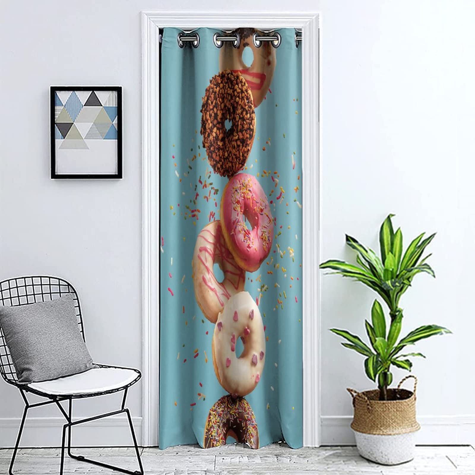 Donut Print Door Curtain - 42x80 Inch Privacy Window Curtain with Grommets, Fun Falling Donut Design for Bedroom, Kitchen & Closet Door Decor